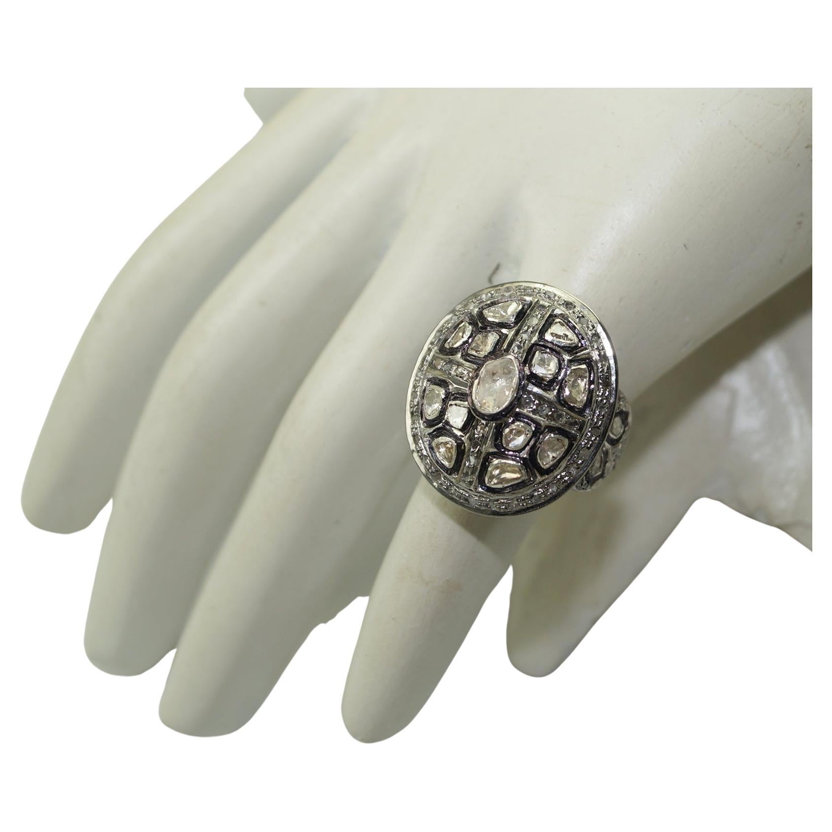 Vintage look Natural rose cut uncut cut diamonds oxidized sterling silver ring For Sale