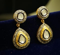 Vintage look Natural uncut rose cut Diamond sterling silver drop dangle Earrings