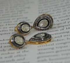 Vintage look Natural uncut rose cut Diamond sterling silver drop dangle Earrings