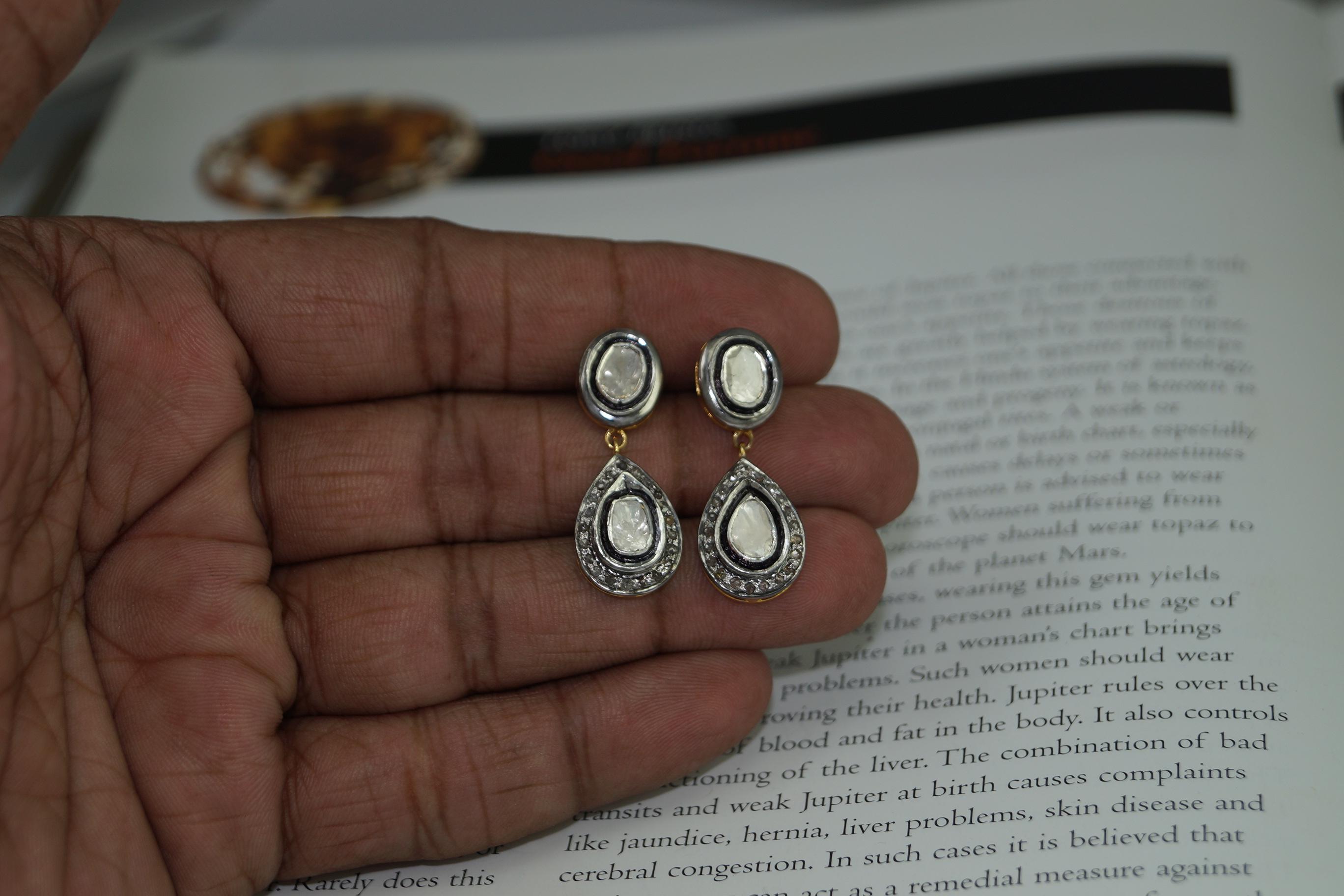 Edwardian Vintage look Natural uncut rose cut Diamond sterling silver drop dangle Earrings For Sale