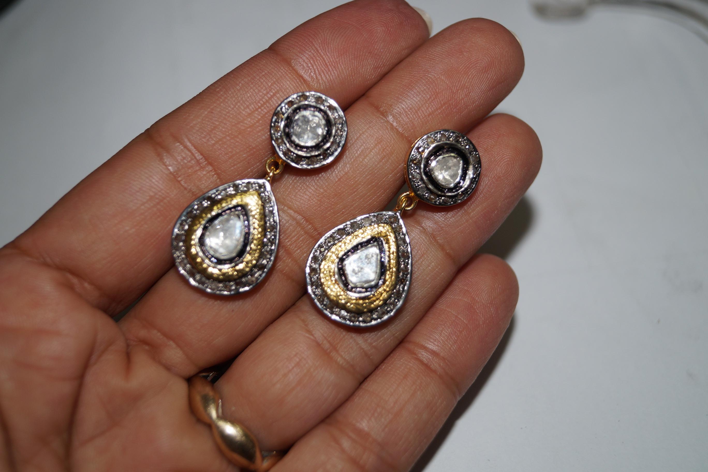 Vintage Look Natürlicher ungeschliffener Diamant mit Rosenschliff Sterling Silber Tropfen Ohrringe baumeln im Zustand „Neu“ im Angebot in Delhi, DL
