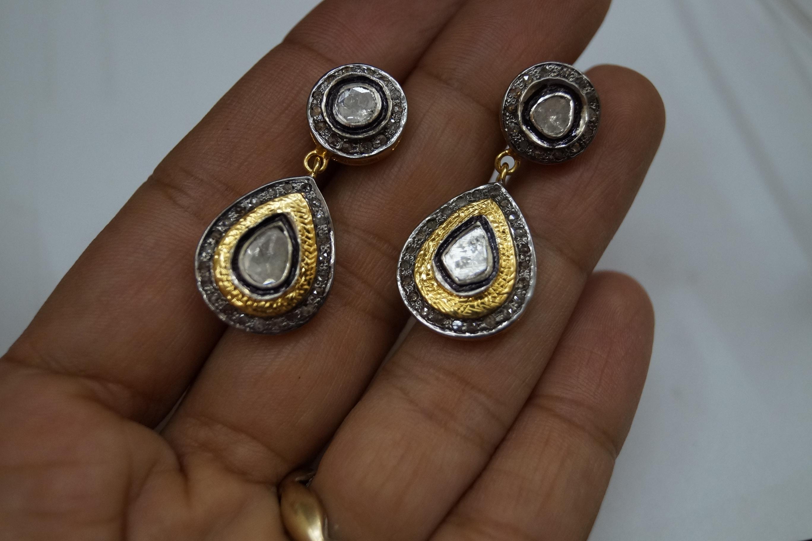 Vintage look Natural uncut rose cut Diamond sterling silver drop dangle Earrings In New Condition For Sale In Delhi, DL