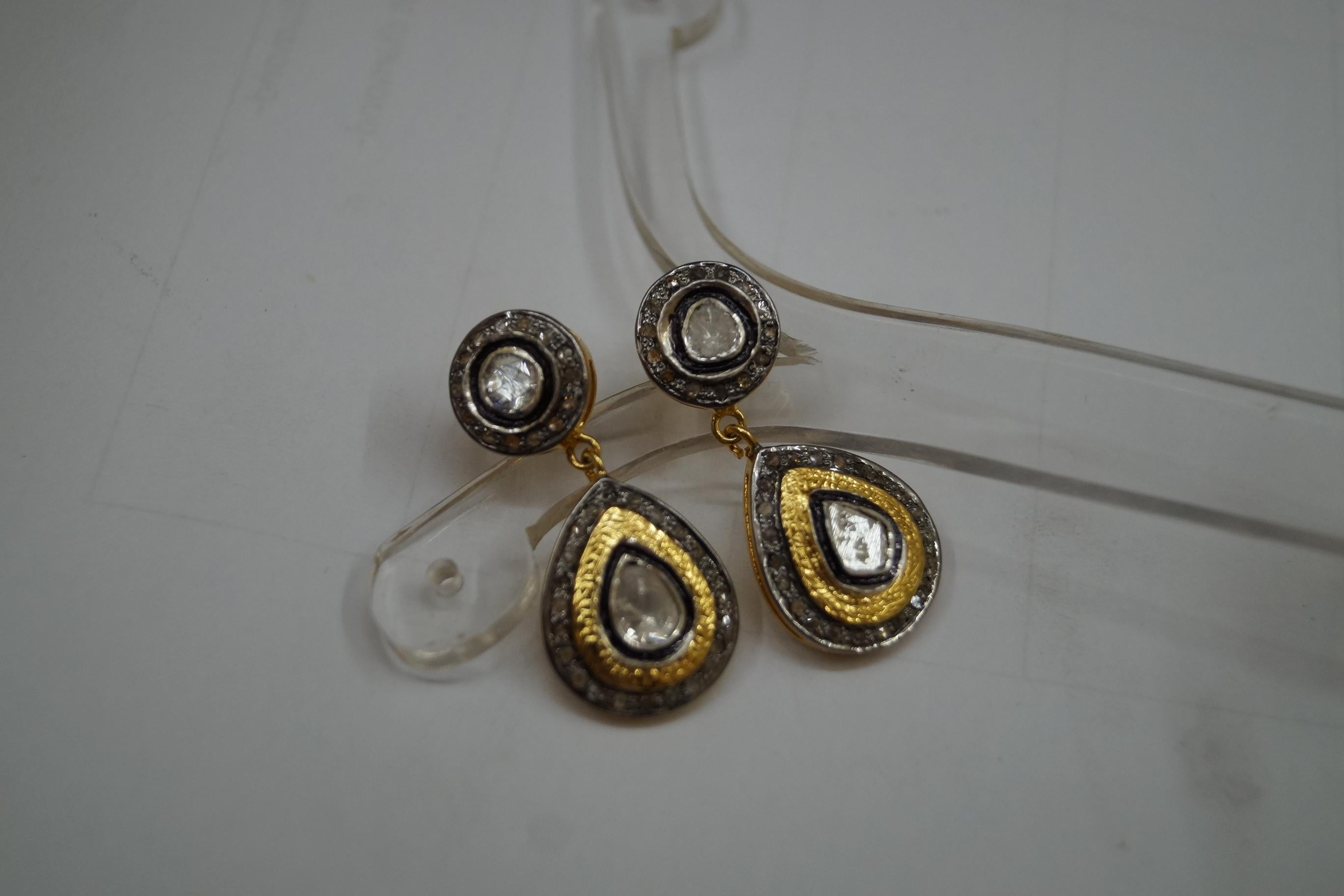 Women's Vintage look Natural uncut rose cut Diamond sterling silver drop dangle Earrings For Sale