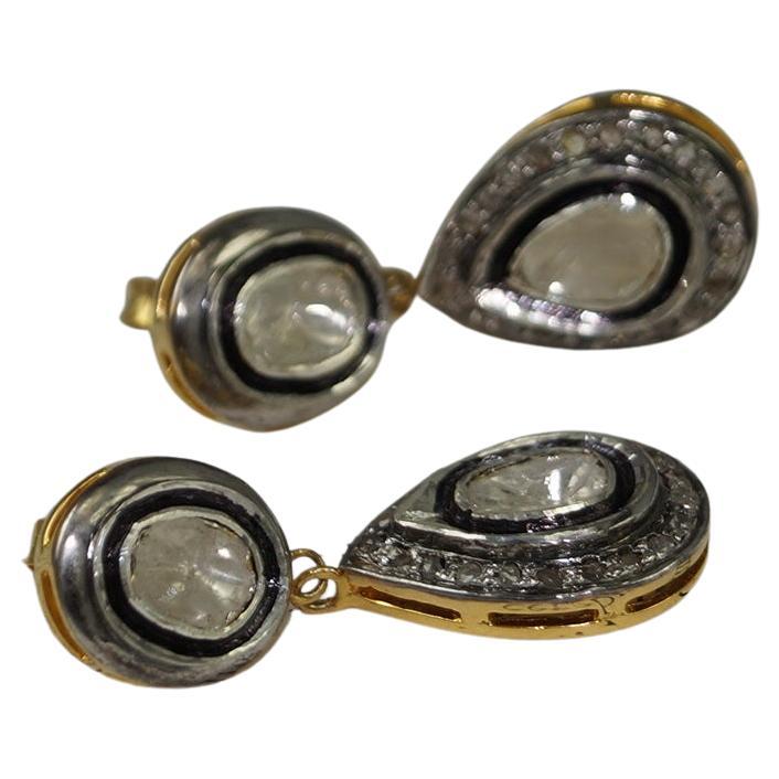 Vintage Look Natürlicher ungeschliffener Diamant mit Rosenschliff Sterling Silber Tropfen Ohrringe baumeln im Angebot