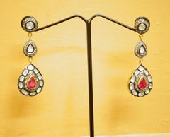 Vintage look Natural uncut rose cut Diamond sterling silver Ruby drop Earrings