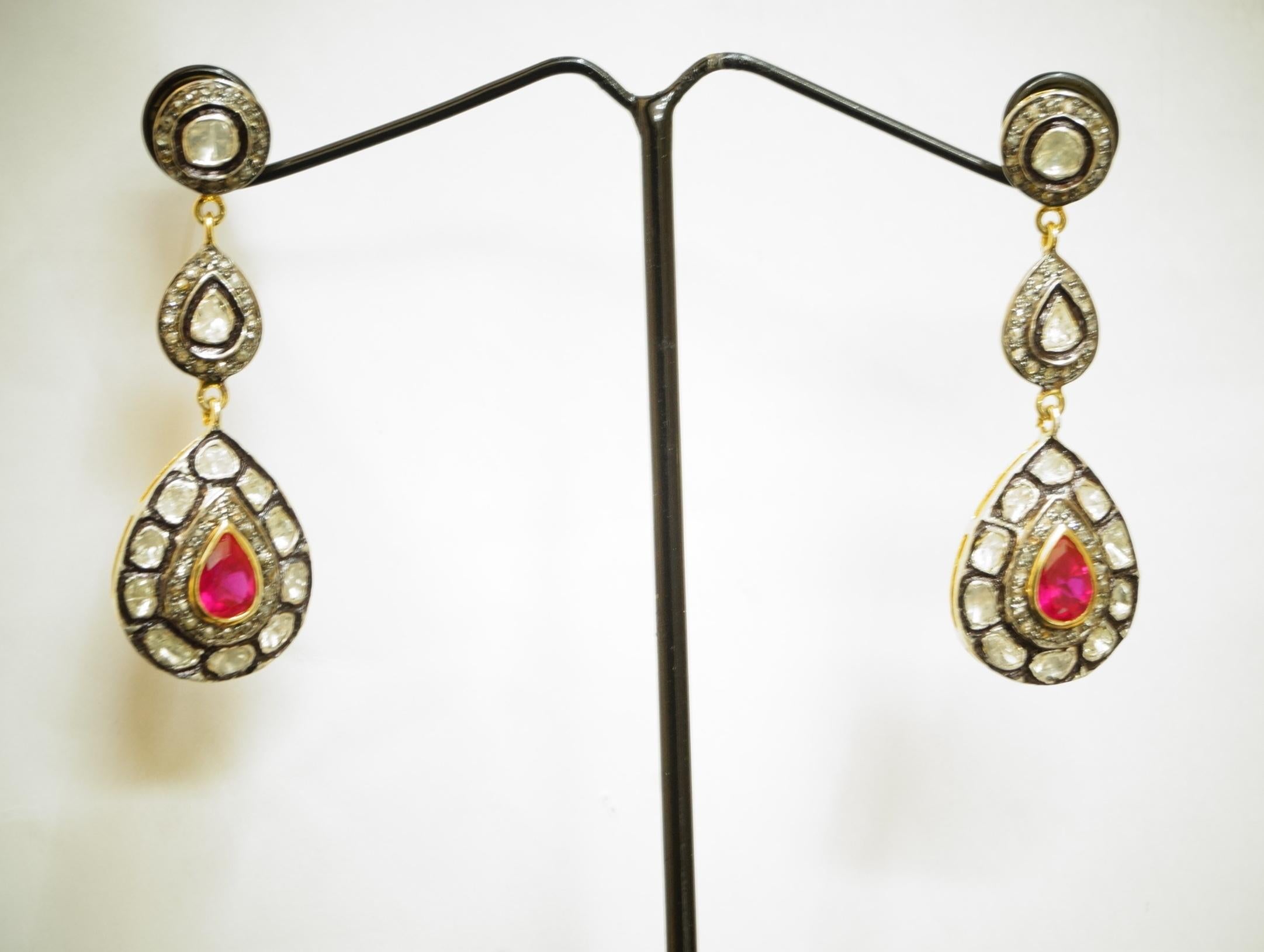 Edwardian Vintage look Natural uncut rose cut Diamond sterling silver Ruby drop Earrings For Sale