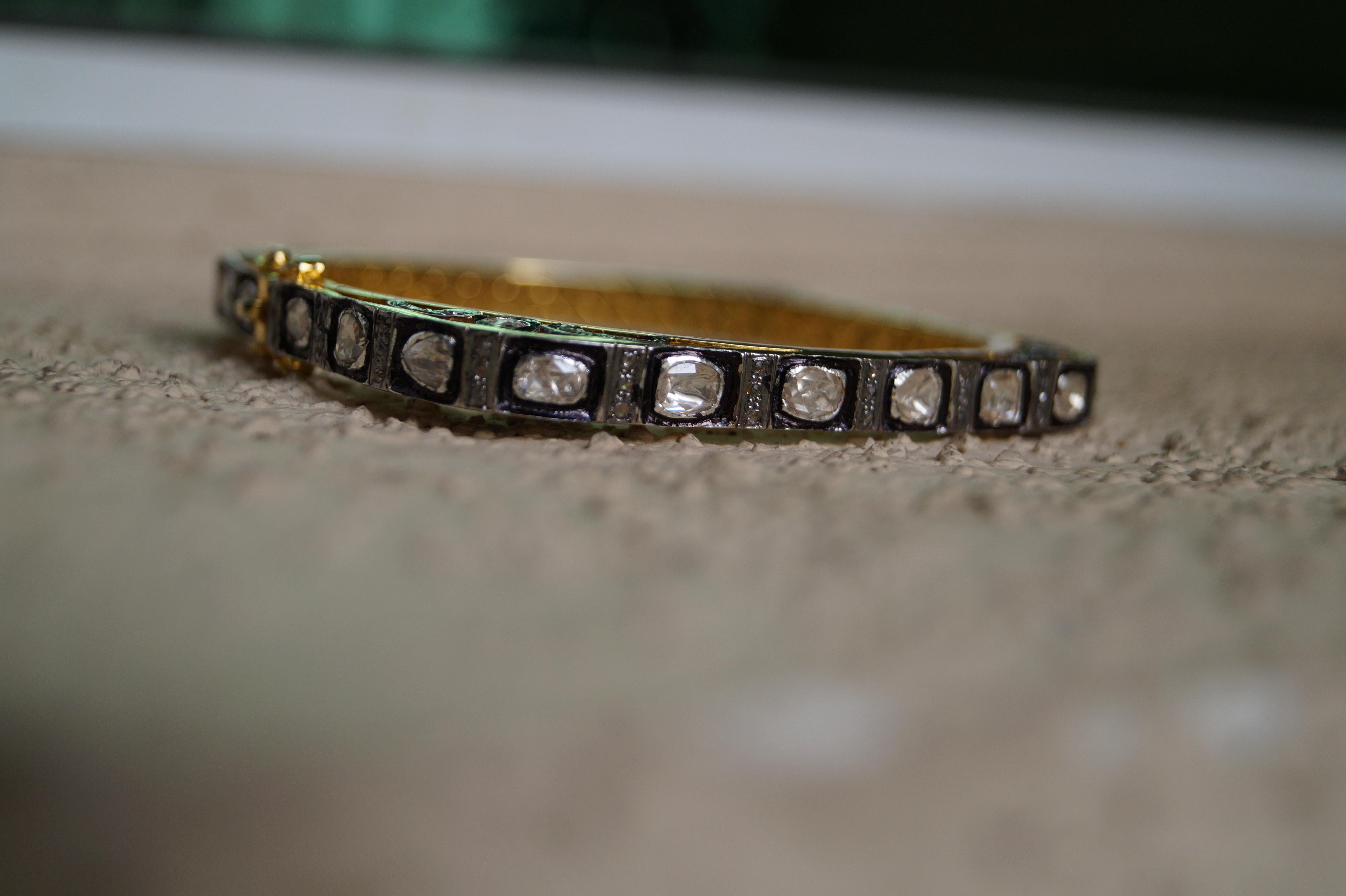 Uncut Vintage look Natural uncut rose cut Diamonds sterling silver square bracelet  For Sale