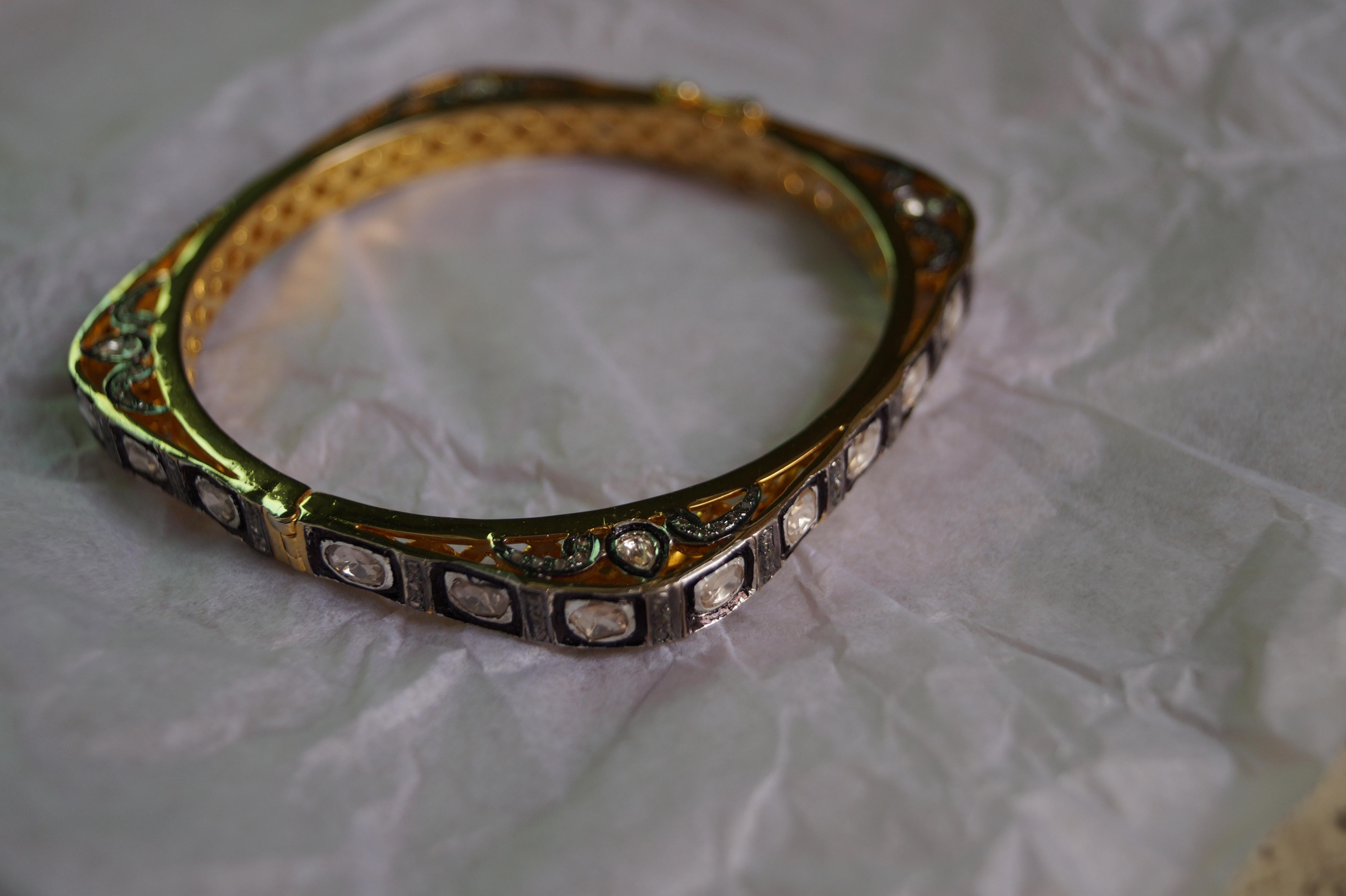 Women's or Men's Vintage look Natural uncut rose cut Diamonds sterling silver square bracelet  For Sale