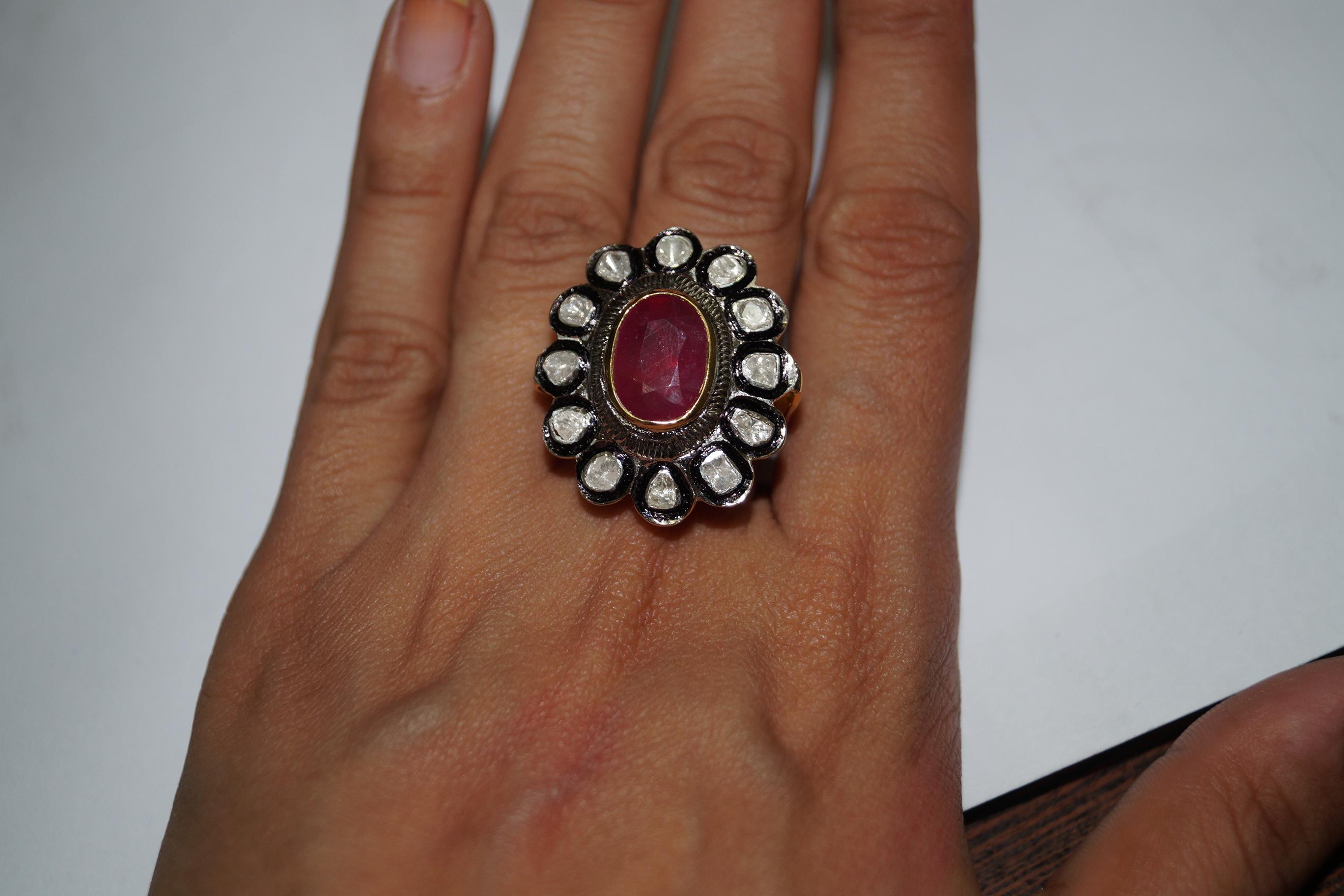 Vintage look Natural uncut rose cut Ruby Diamond sterling silver Ring For Sale 4