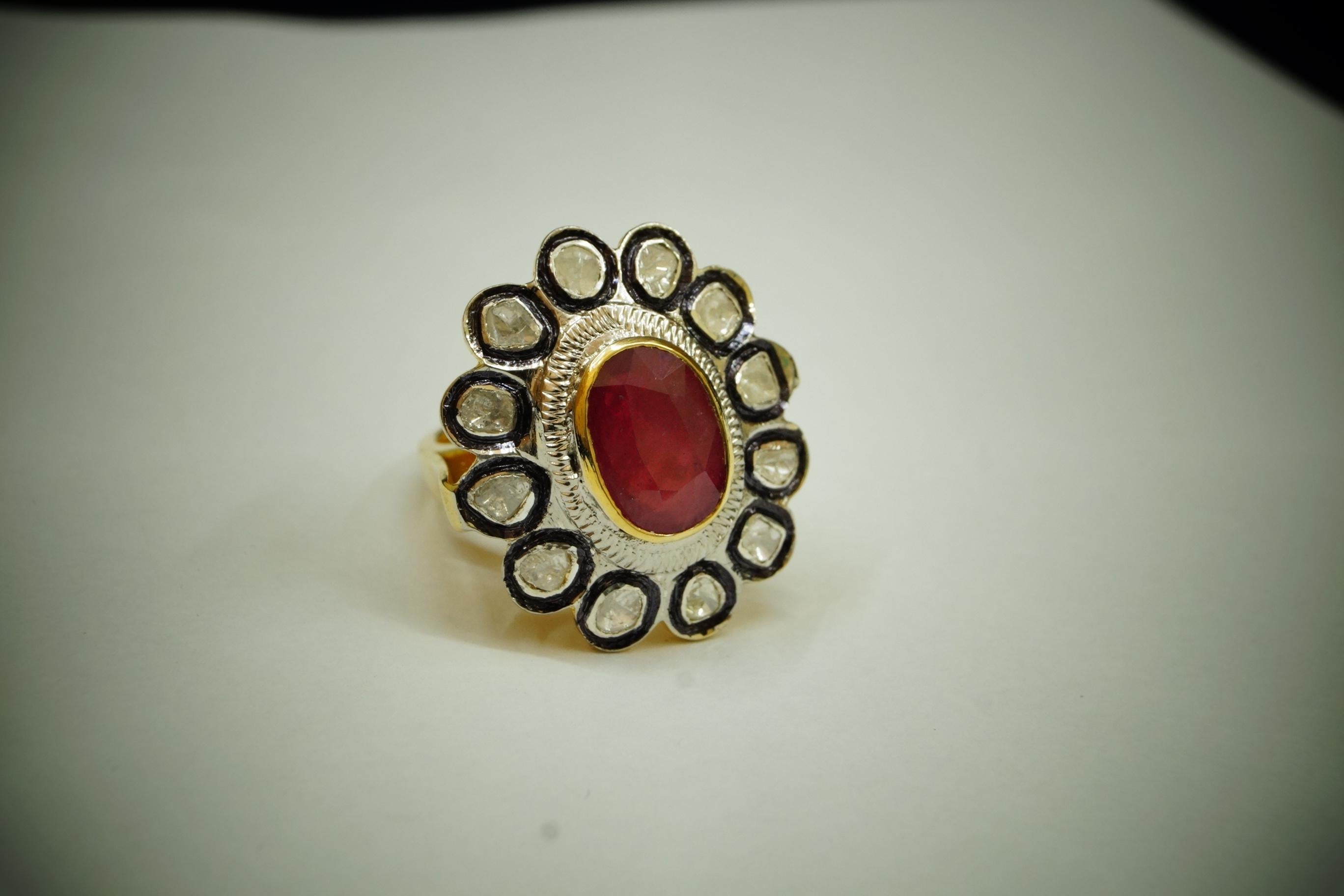 Vintage look Natural uncut rose cut Ruby Diamond sterling silver Ring Pour femmes en vente