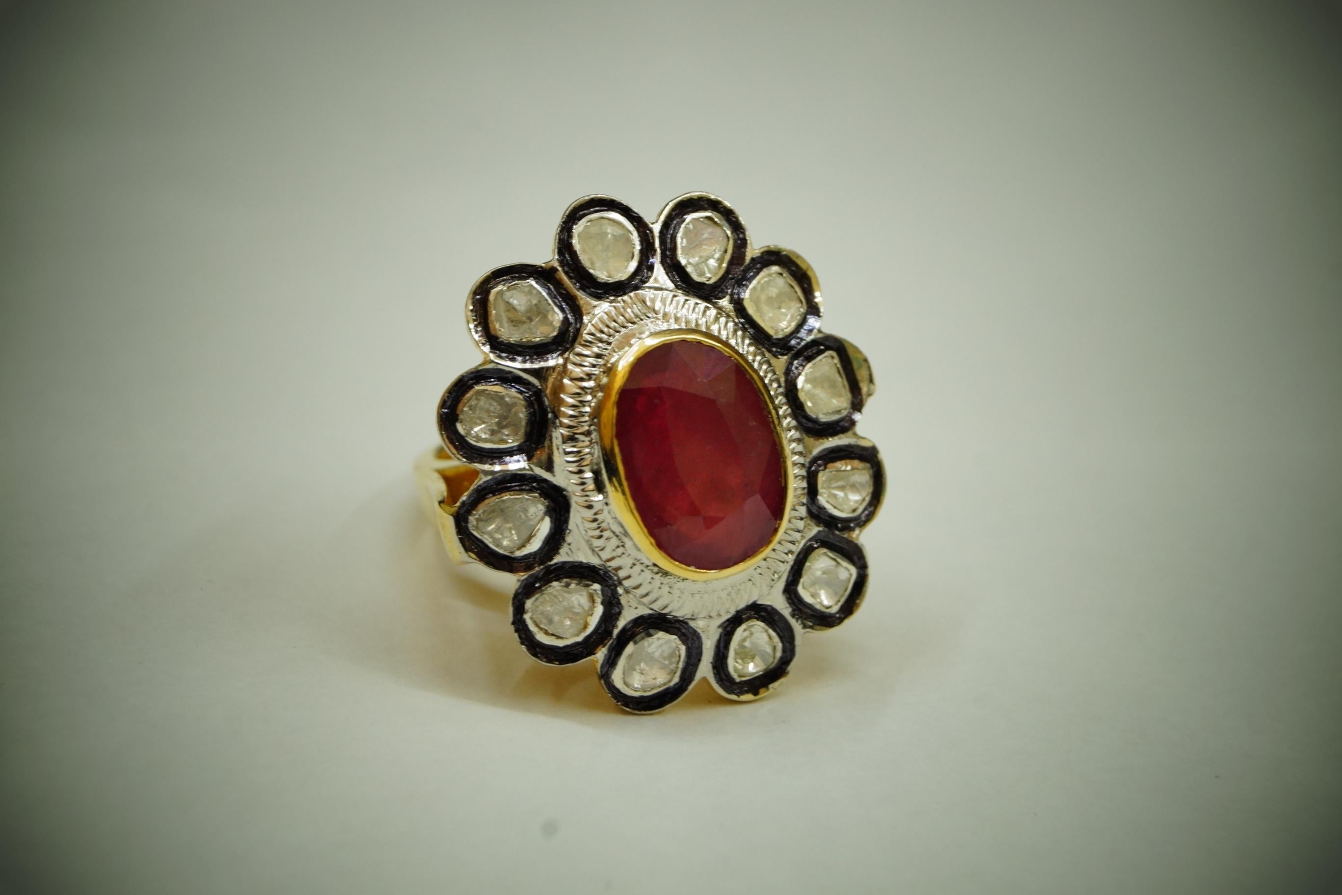 Vintage look Natural uncut rose cut Ruby Diamond sterling silver Ring en vente 1