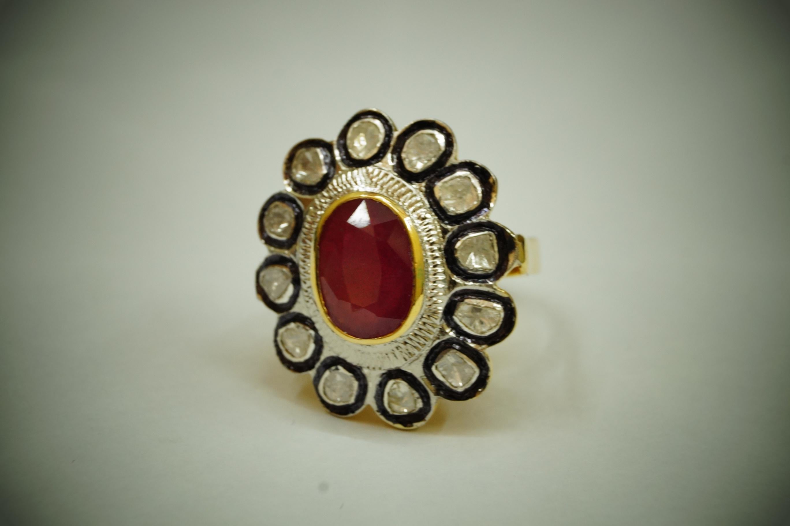 Vintage look Natural uncut rose cut Ruby Diamond sterling silver Ring en vente 3