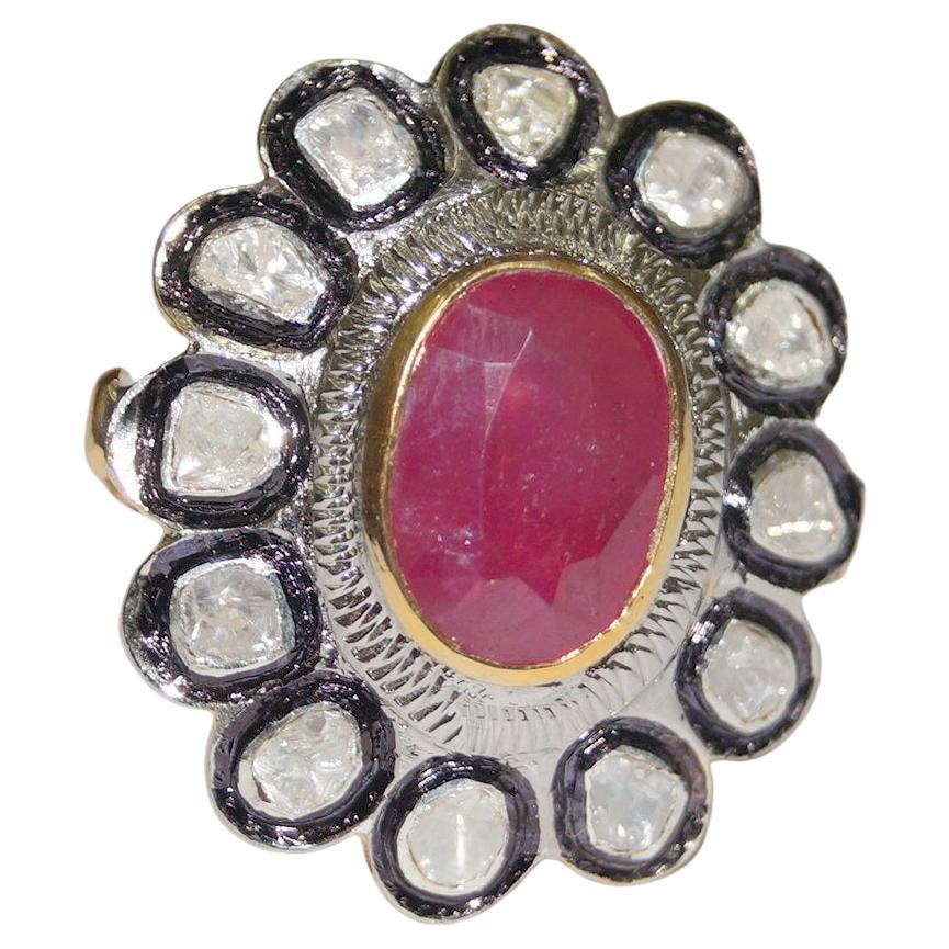 Vintage look Natural uncut rose cut Ruby Diamond sterling silver Ring en vente