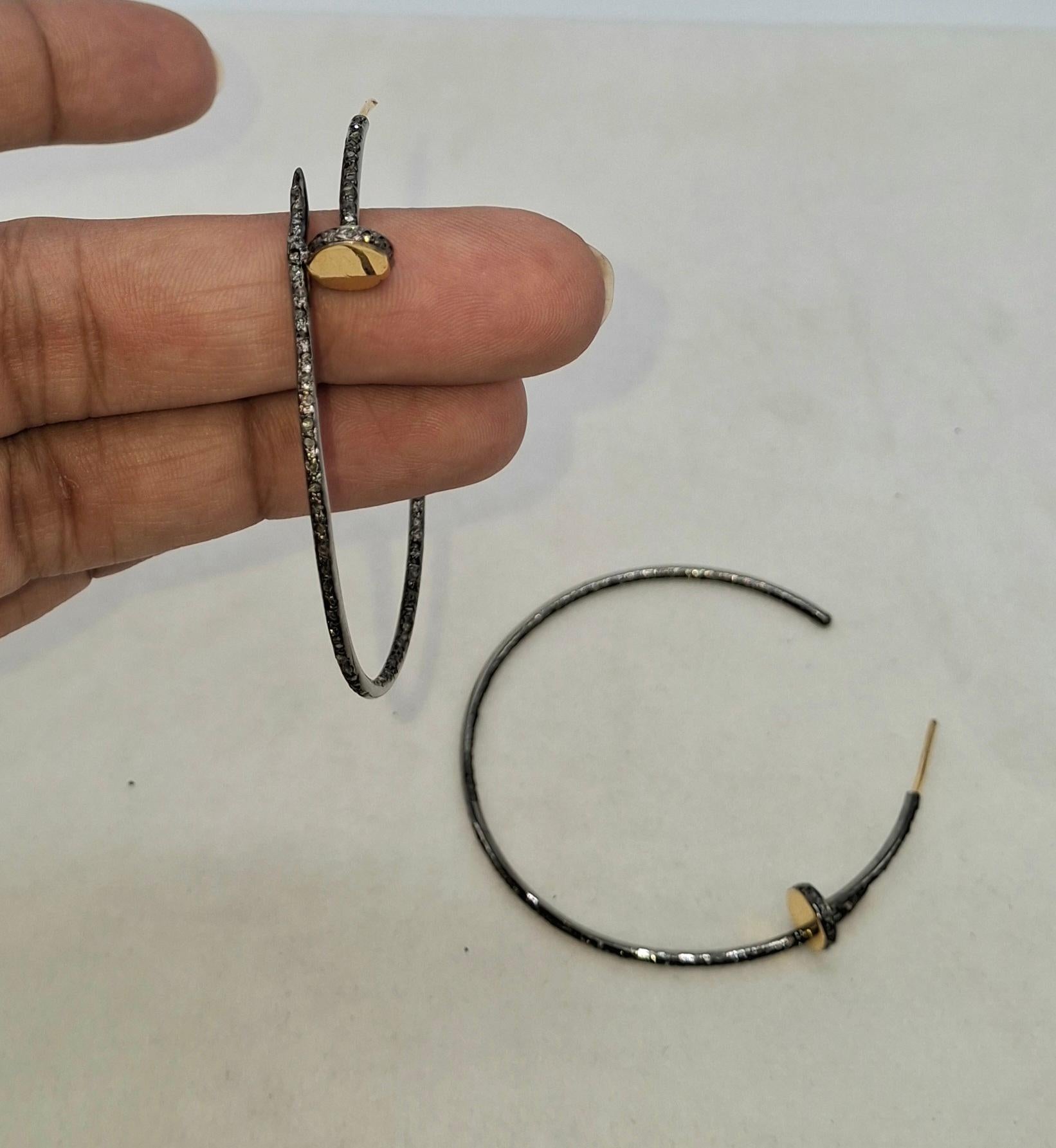 Vintage-Look Pave-Diamanten oxidiert Sterling Silber offen Nagel Creolen Ohrring im Angebot 1