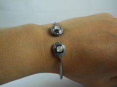 Vintage look rose cut diamond oxidized sterling silver open handcuff bracelet