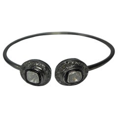 Bracelet manchette vintage ouvert à la main en argent sterling oxydé avec diamants taille rose