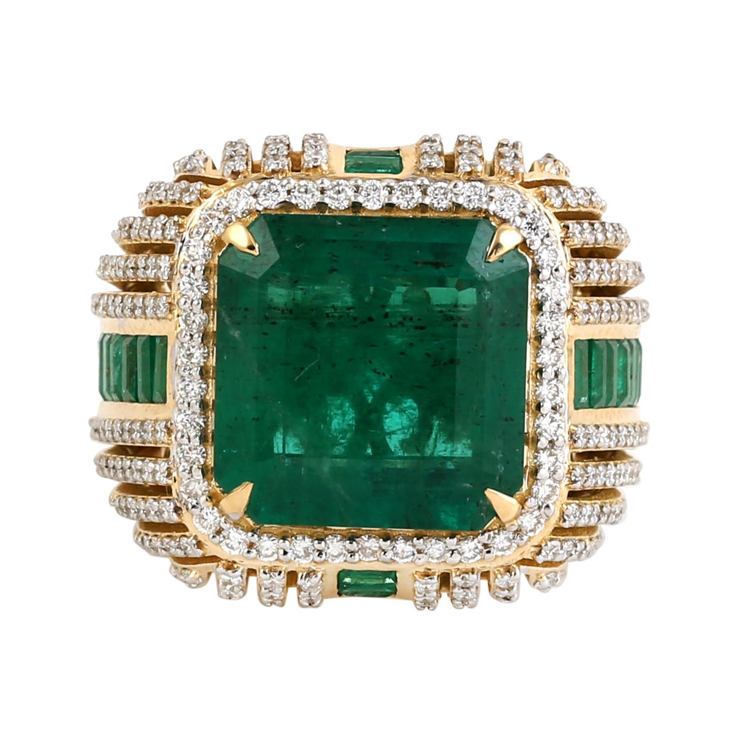 Mixed Cut Vintage Looking Zambian Emerald Cocktail Ring With Diamonds