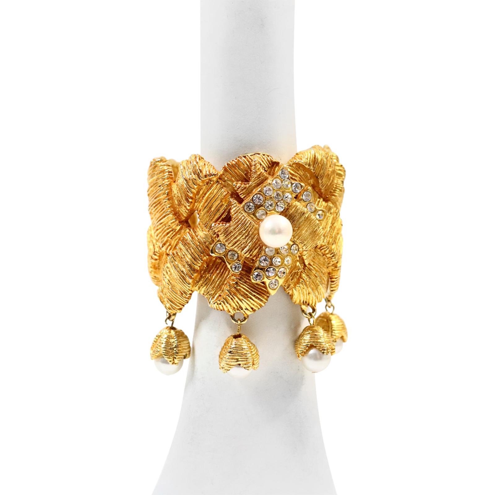 Vintage Lorenz Baumer Gold Diamante Faux Pearl Bracelet Circa 1980s. This is such a gorgeous bracelet with lattice work that then has four dangling pearls.  There is a set of earrings on site that goes with this. From the design you can see why