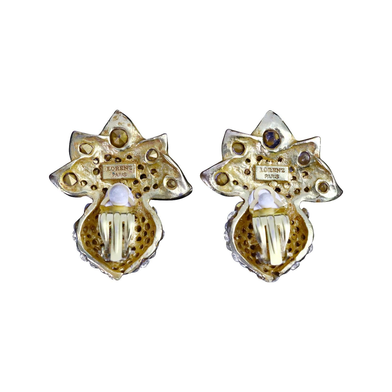 Women's or Men's Vintage Lorenz Baumer Gold Tone Crystal Earrings Circa 1980s For Sale