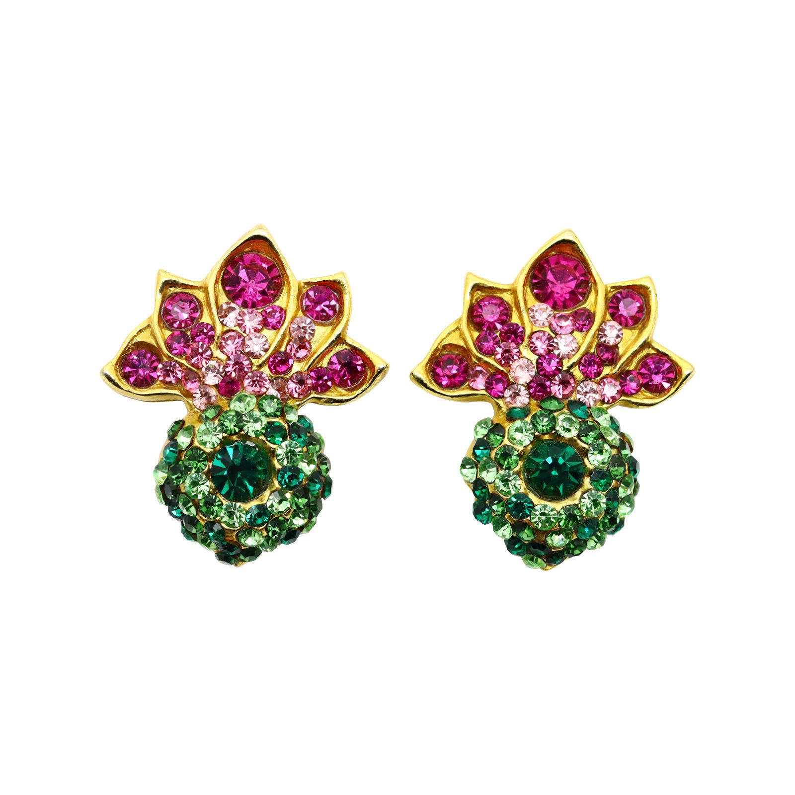 Artist Vintage Lorenz Baumer Gold Tone with Pink and Green Crystal Earrings Circa 1980s