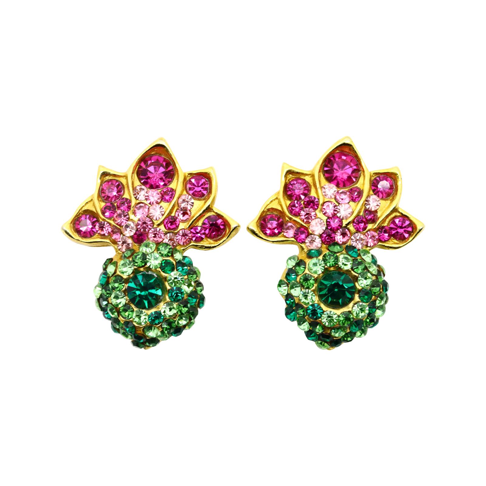 Vintage Lorenz Baumer Gold Tone with Pink and Green Crystal Earrings Circa 1980s In Good Condition In New York, NY