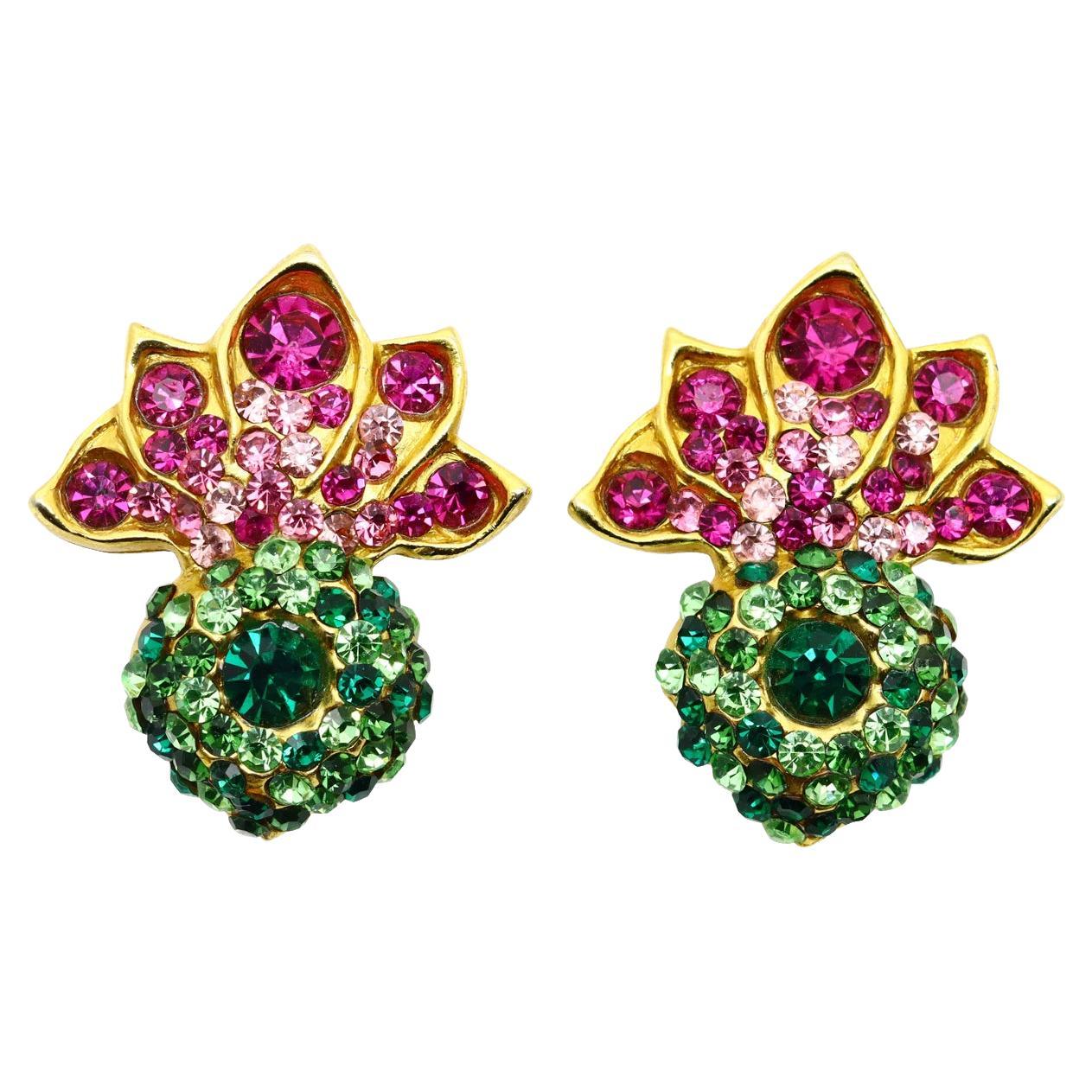 Vintage Lorenz Baumer Gold Tone with Pink and Green Crystal Earrings Circa 1980s