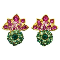 Lorenz Baumer Boucles d'oreilles vintage en or et cristal rose et vert, circa 1980