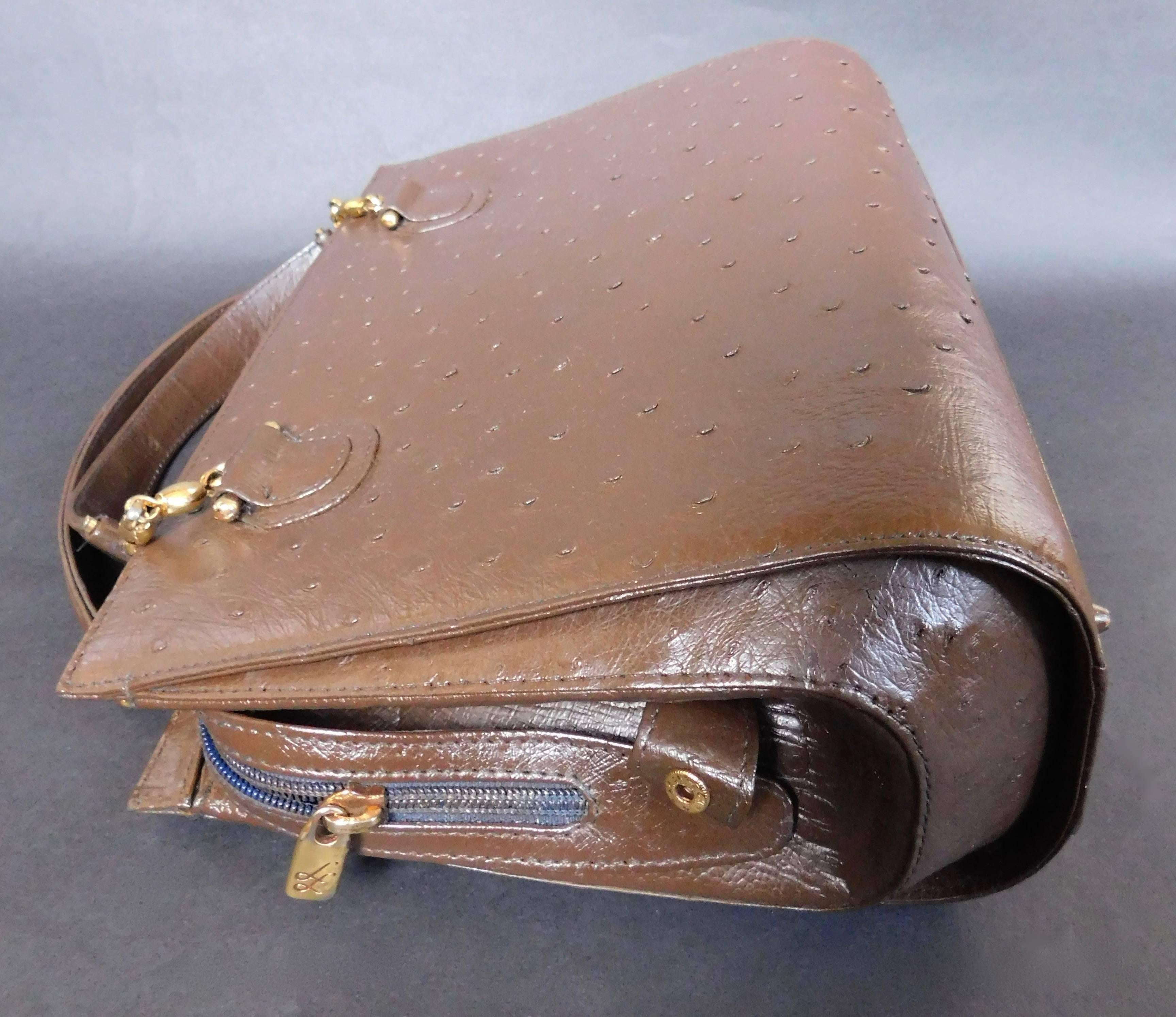 Vintage Lorenzi Brown Ostrich Skin Handbag with Gold Metal