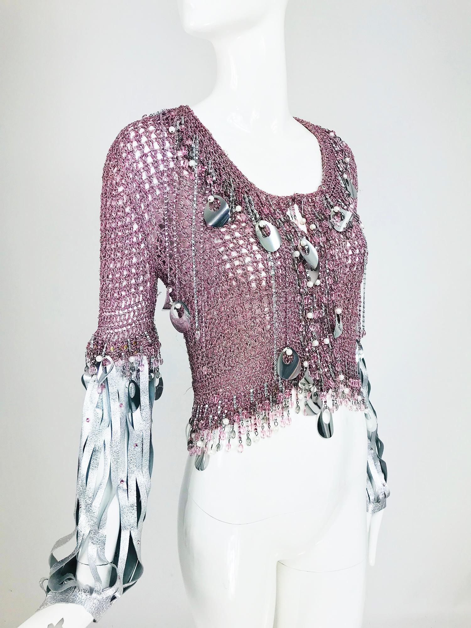 Vintage Loris Azzaro Metallic Rosa und Silber Lederpullover 1980er Jahre 6
