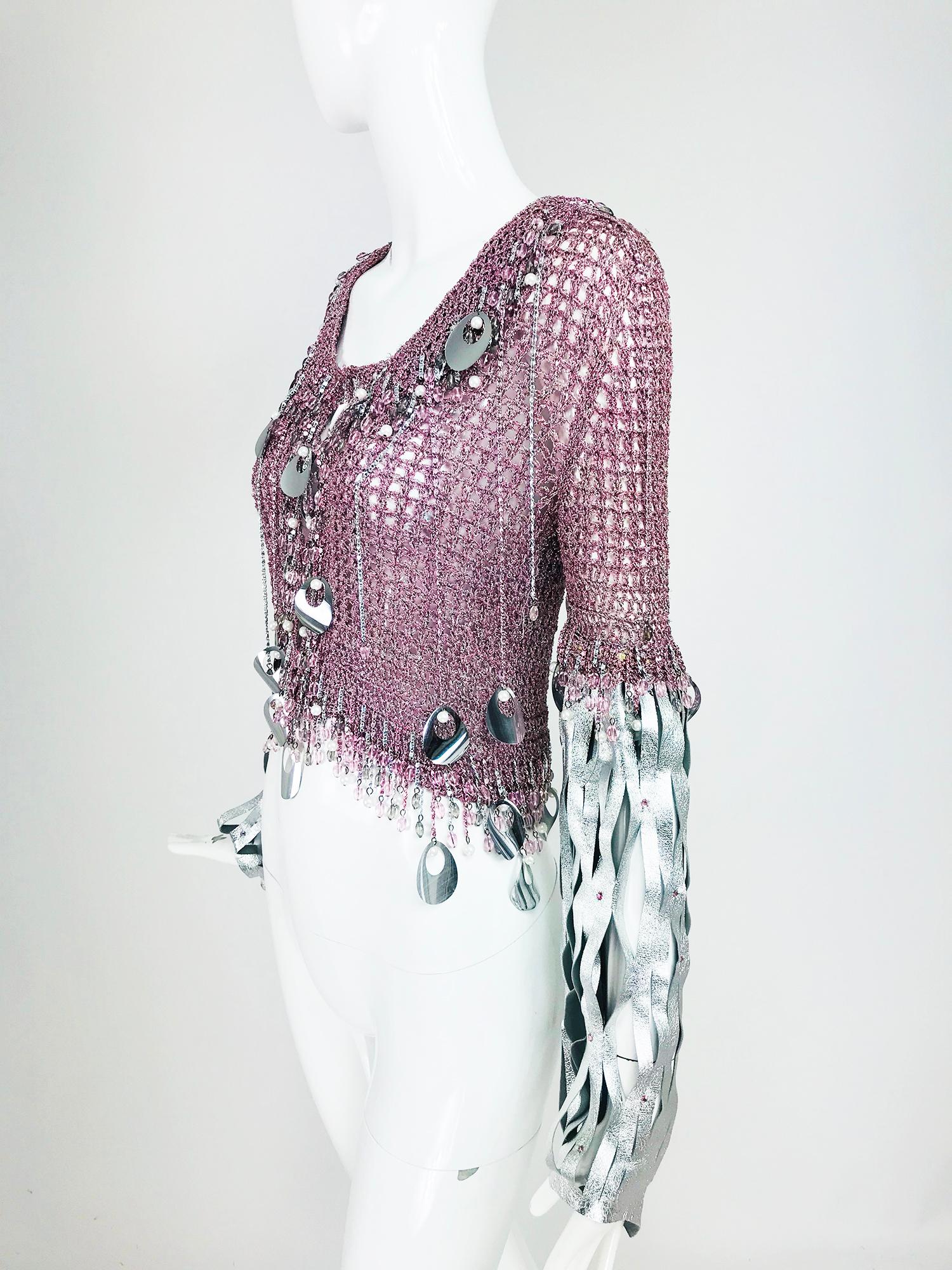 Vintage Loris Azzaro Metallic Rosa und Silber Lederpullover 1980er Jahre (Grau)