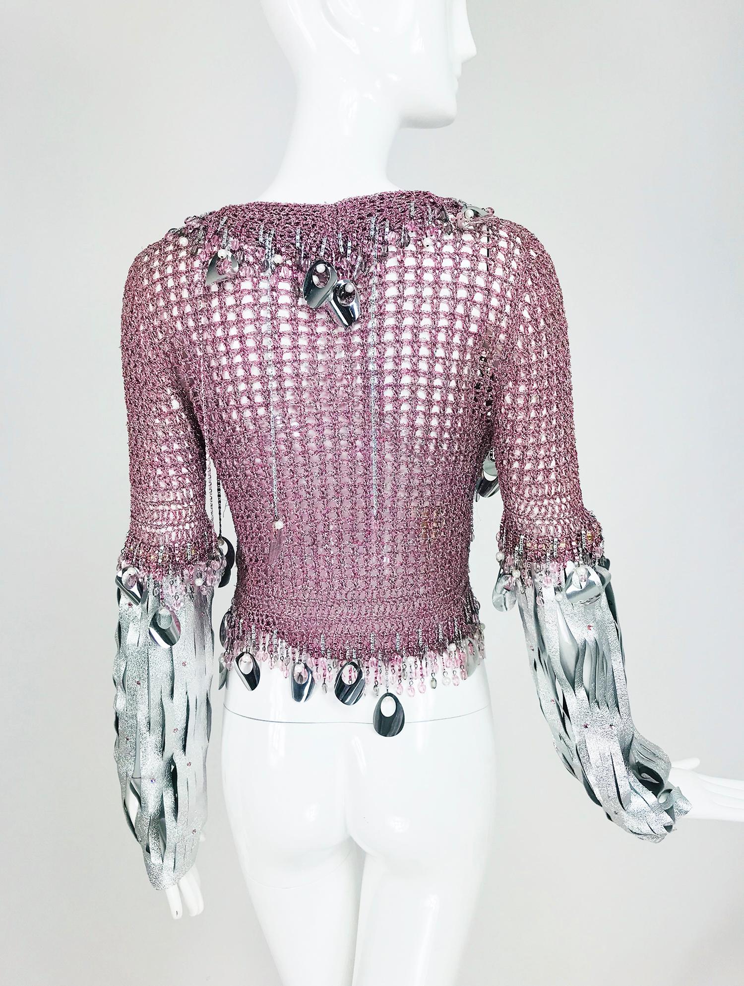 Vintage Loris Azzaro Metallic Pink and Silver Leather Sweater 1980s 1