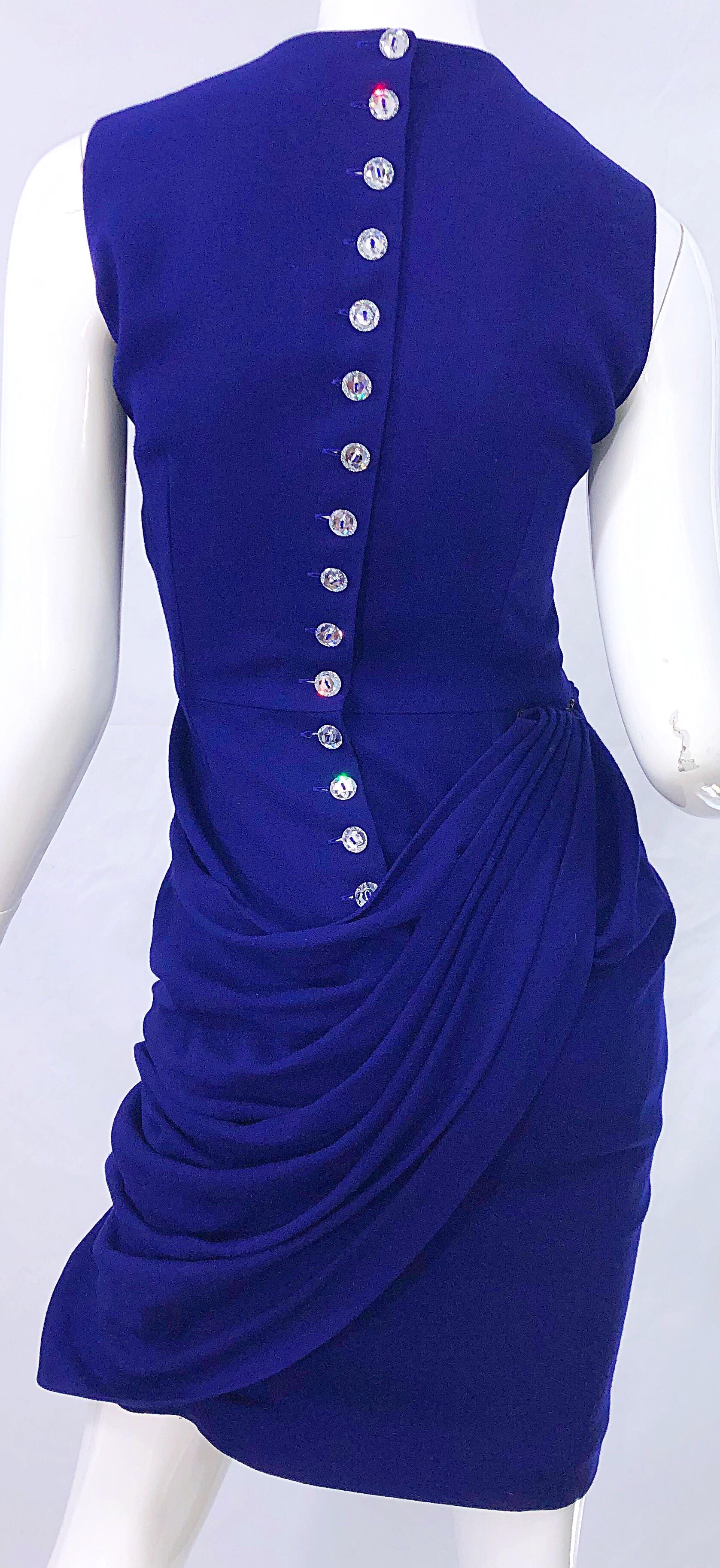 Vintage Loris Azzaro Size 42 / US 10 Purple Rhinestone Buttons Sleeveless Dress 6