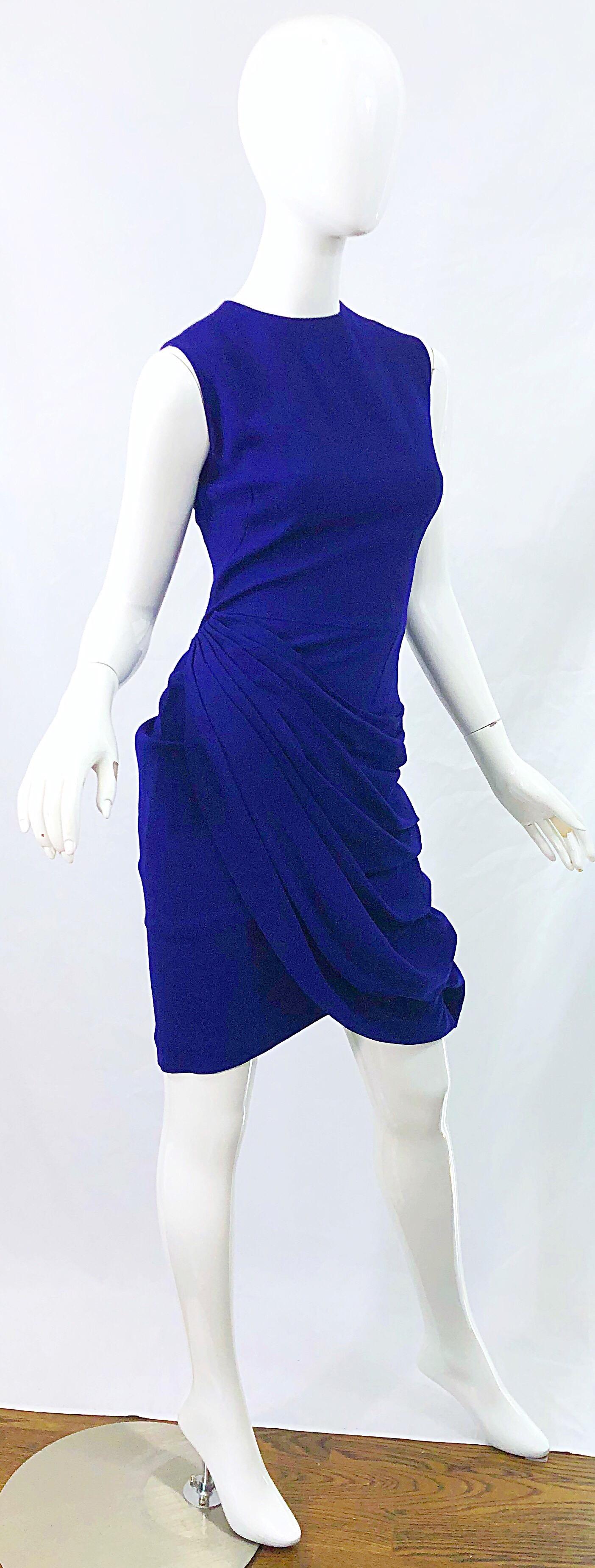 Vintage Loris Azzaro Size 42 / US 10 Purple Rhinestone Buttons Sleeveless Dress In Excellent Condition In San Diego, CA