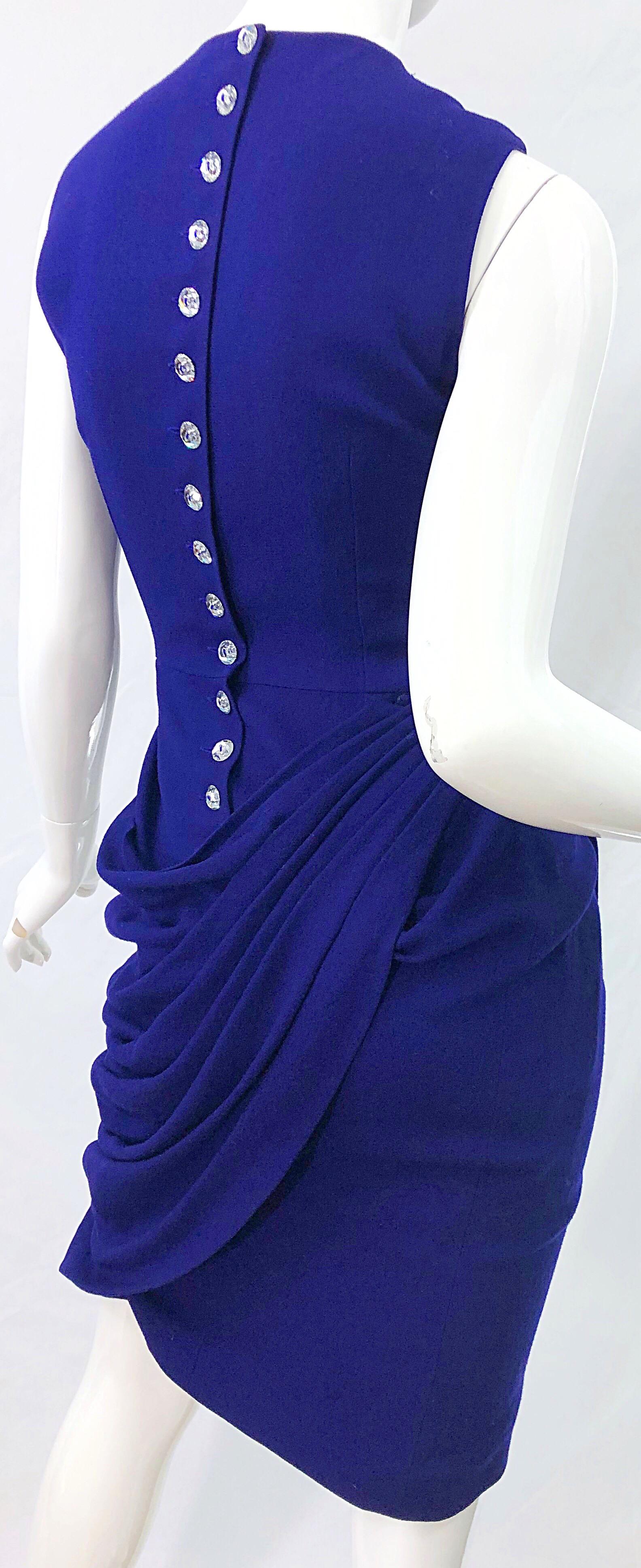 Women's Vintage Loris Azzaro Size 42 / US 10 Purple Rhinestone Buttons Sleeveless Dress