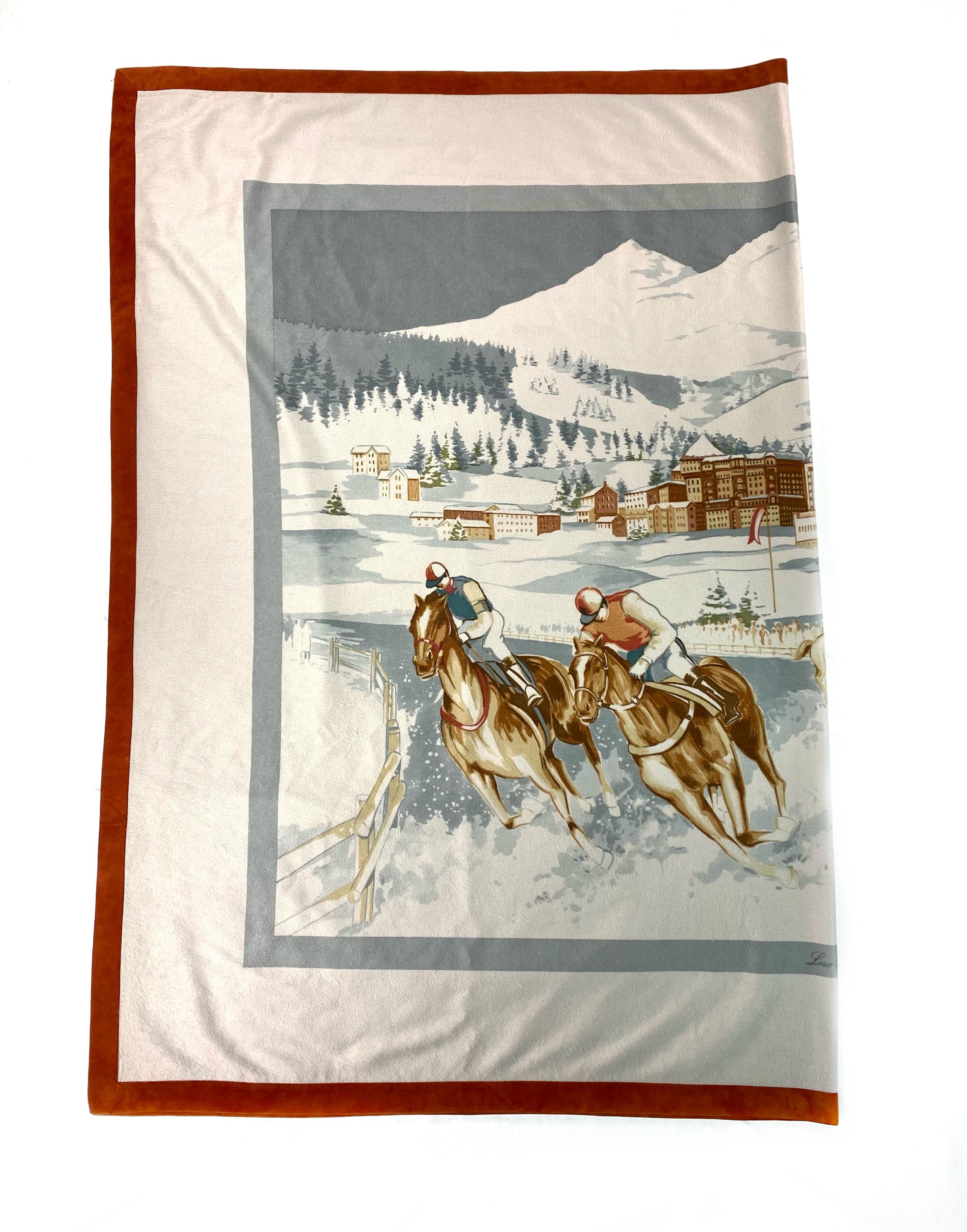 Product details:

The throw features grey 100% cashmere and brown 100% dyed suede goatskin trimming with polo horse race and snow mountains scenery . Made in Italy.