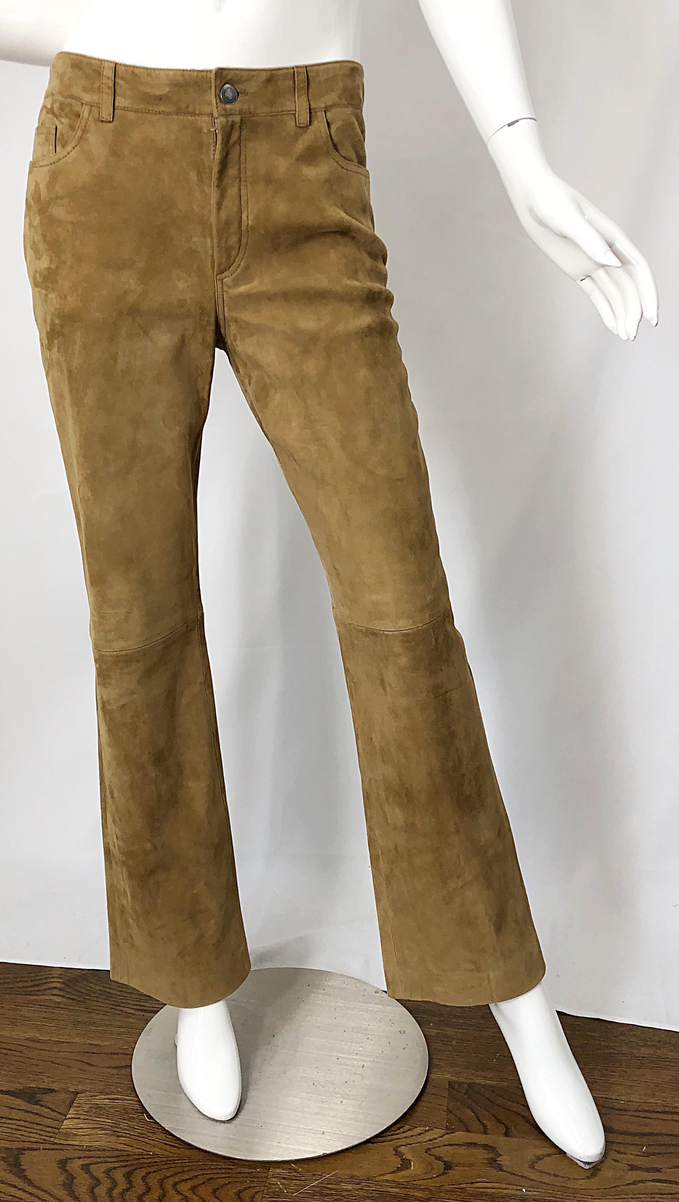 Loro Piana - Pantalon vintage taille haute en daim et cuir camel, taille 44/8, années 1990 en vente 5