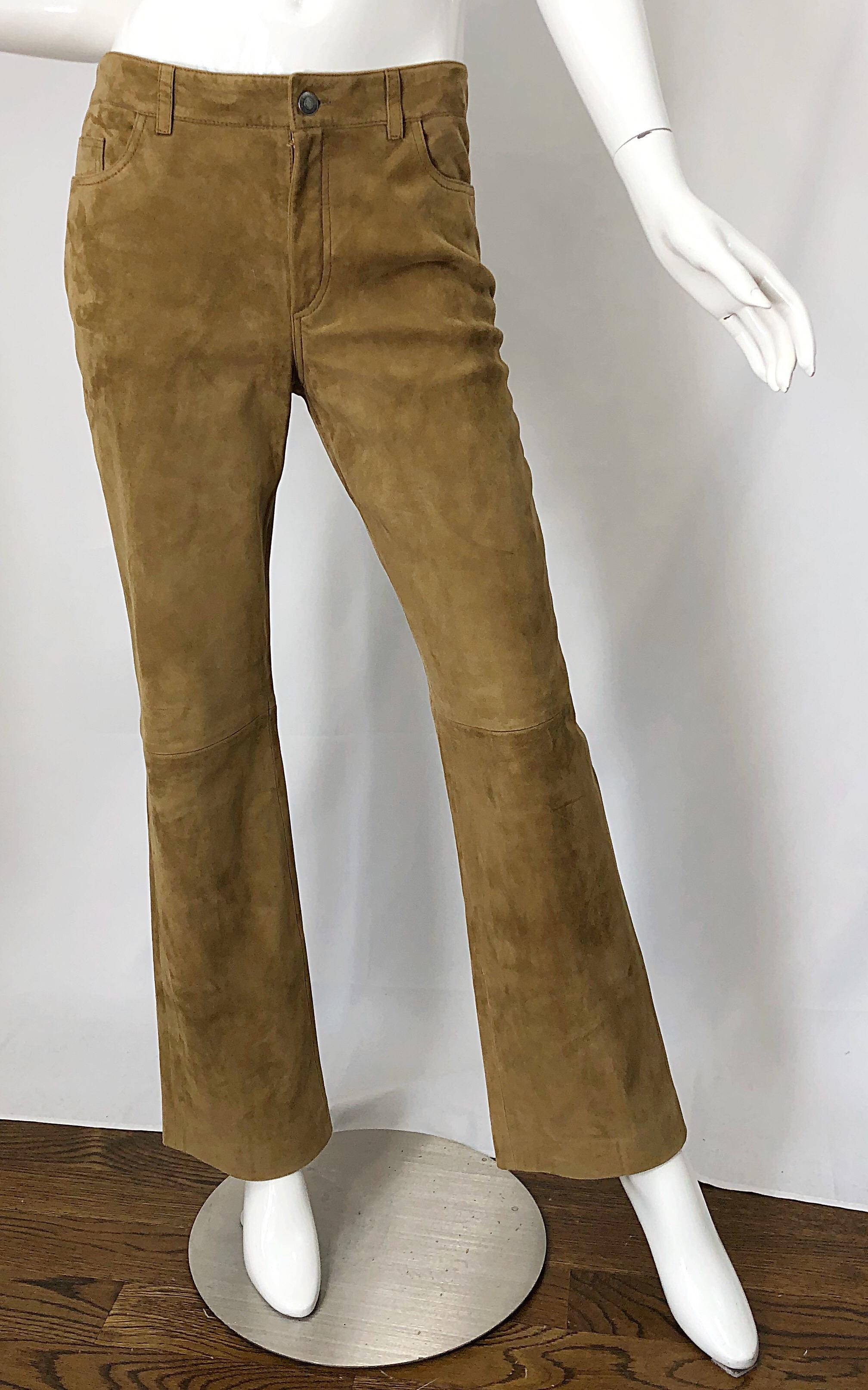 Loro Piana - Pantalon vintage taille haute en daim et cuir camel, taille 44/8, années 1990 Pour femmes en vente