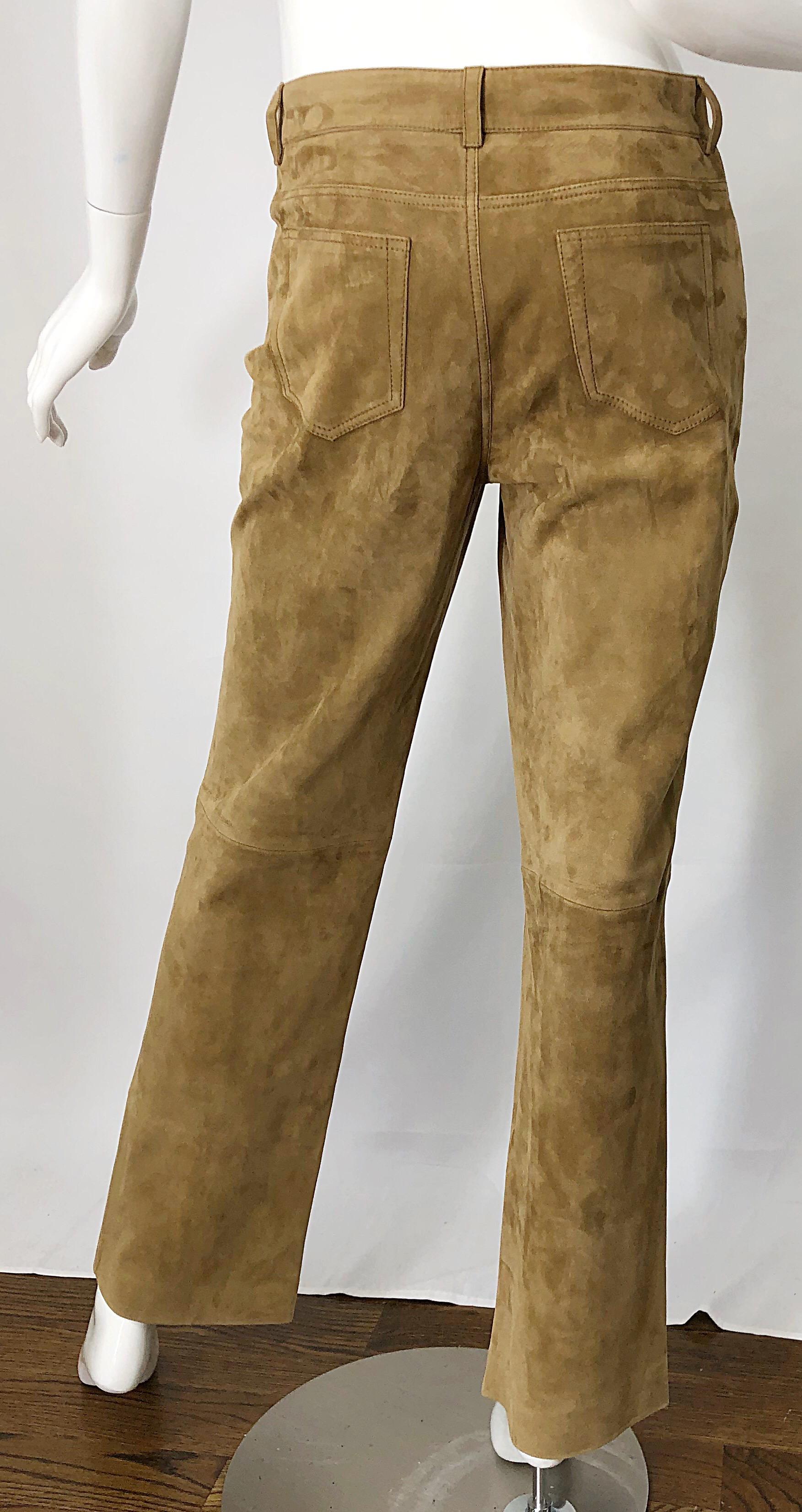 Loro Piana - Pantalon vintage taille haute en daim et cuir camel, taille 44/8, années 1990 en vente 1