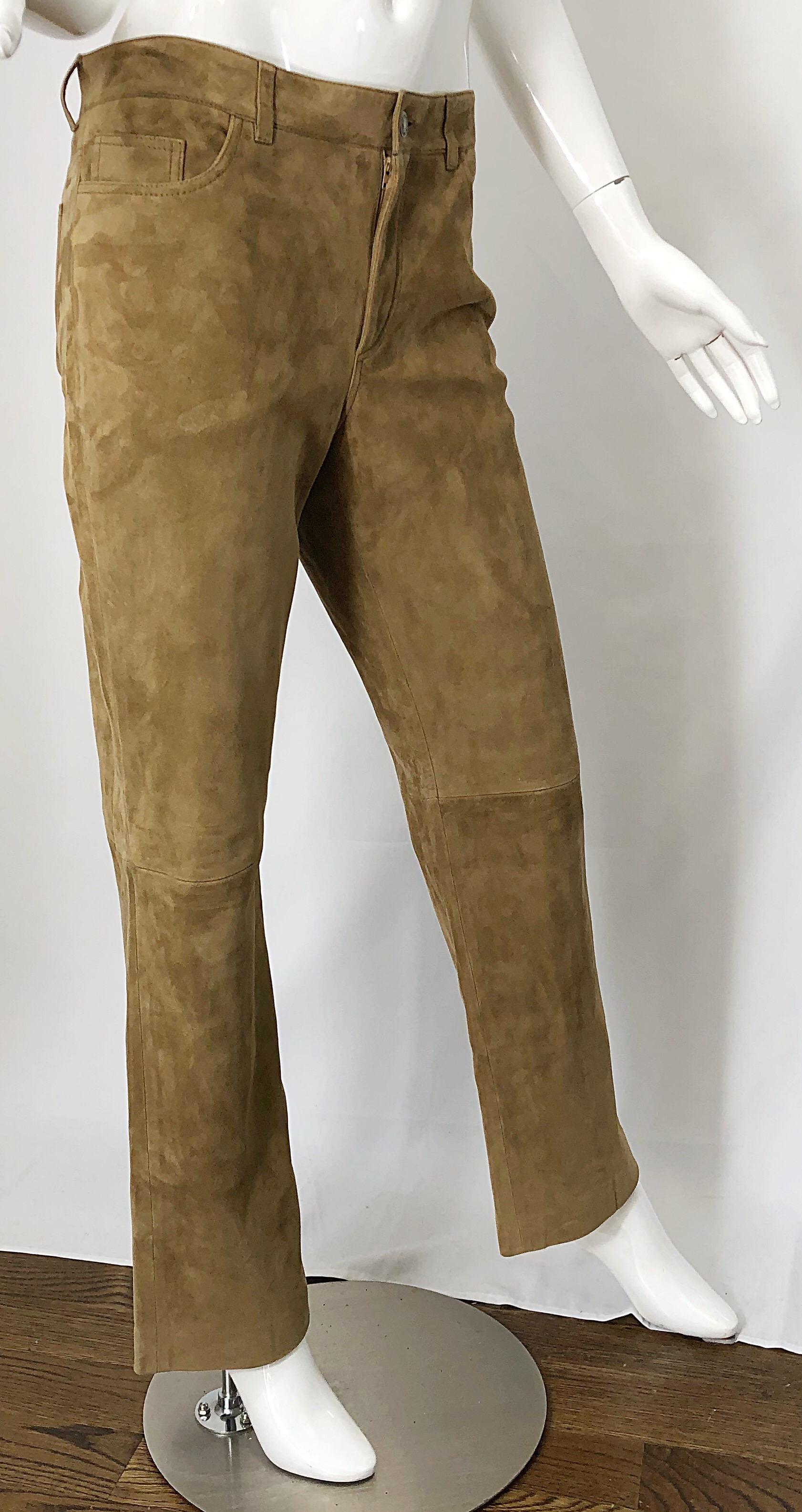 Loro Piana - Pantalon vintage taille haute en daim et cuir camel, taille 44/8, années 1990 en vente 2