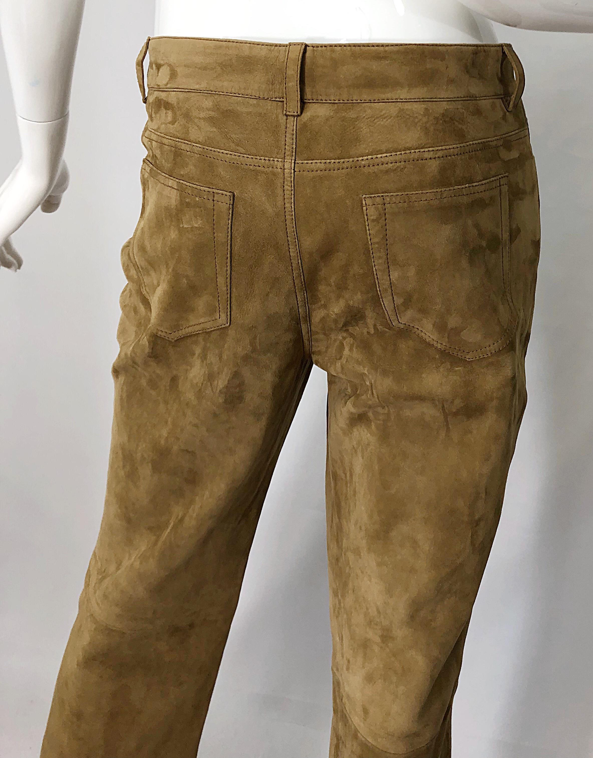 Loro Piana - Pantalon vintage taille haute en daim et cuir camel, taille 44/8, années 1990 en vente 4