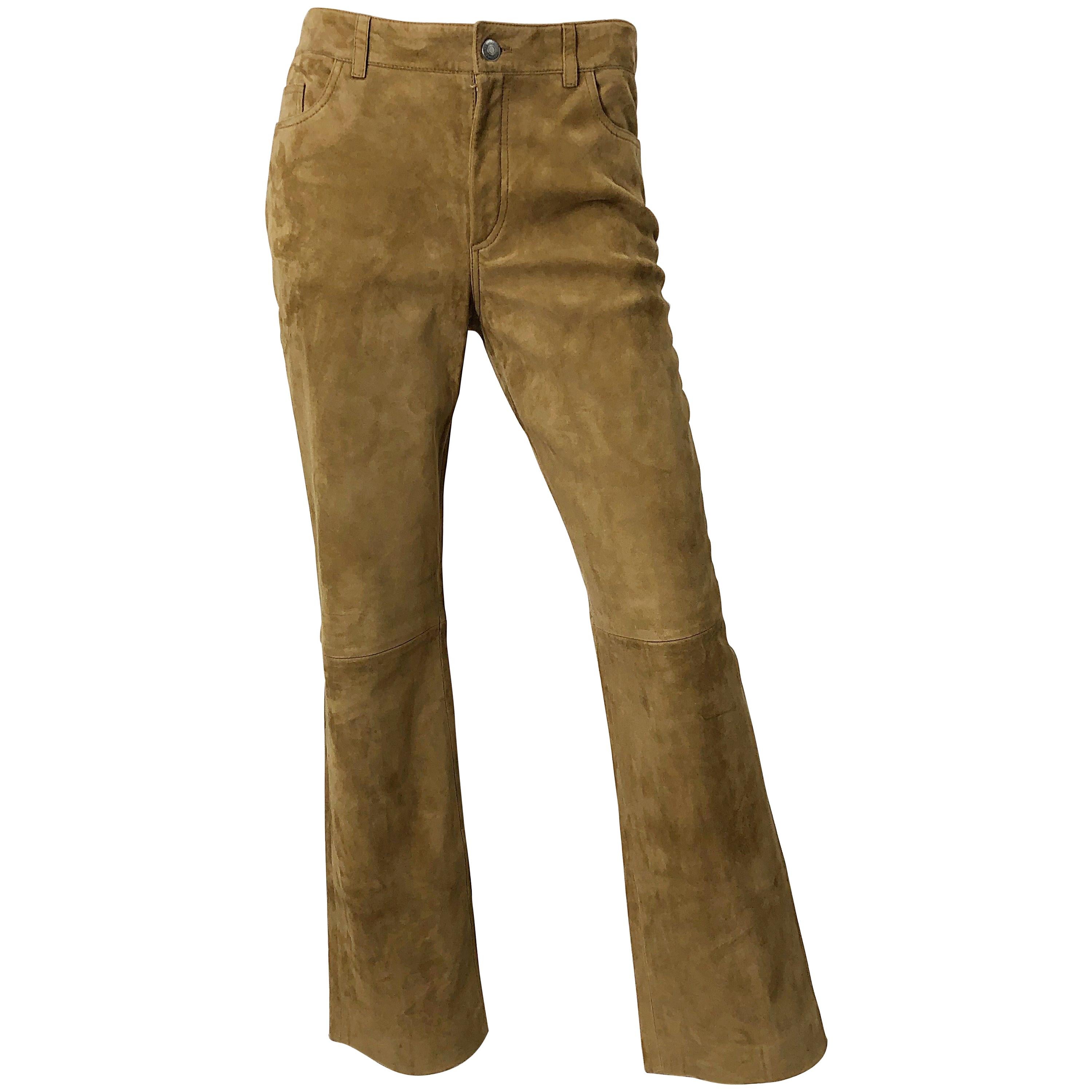 Loro Piana - Pantalon vintage taille haute en daim et cuir camel, taille 44/8, années 1990 en vente