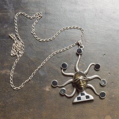 1970s Los Ballesteros Sterling Silver Aztec Pendant Necklace Taxco Mexico