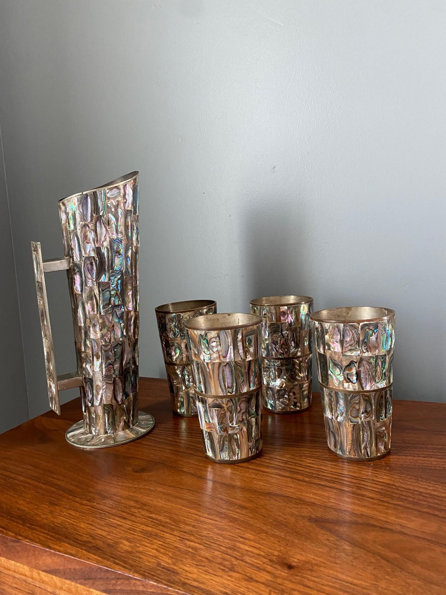 Vintage Los Castillo Abalone Shell Silver Plated Pitcher and Cups from Mexico For Sale 8