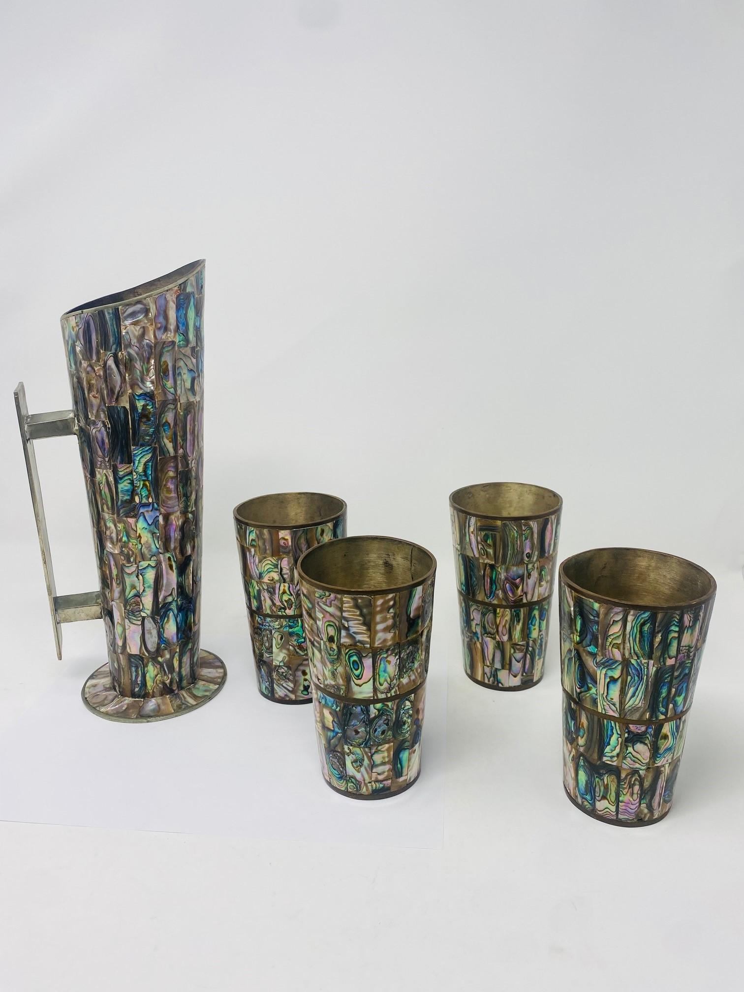 Mid-Century Modern Vintage Los Castillo Abalone Shell Silver Plated Pitcher and Cups from Mexico For Sale