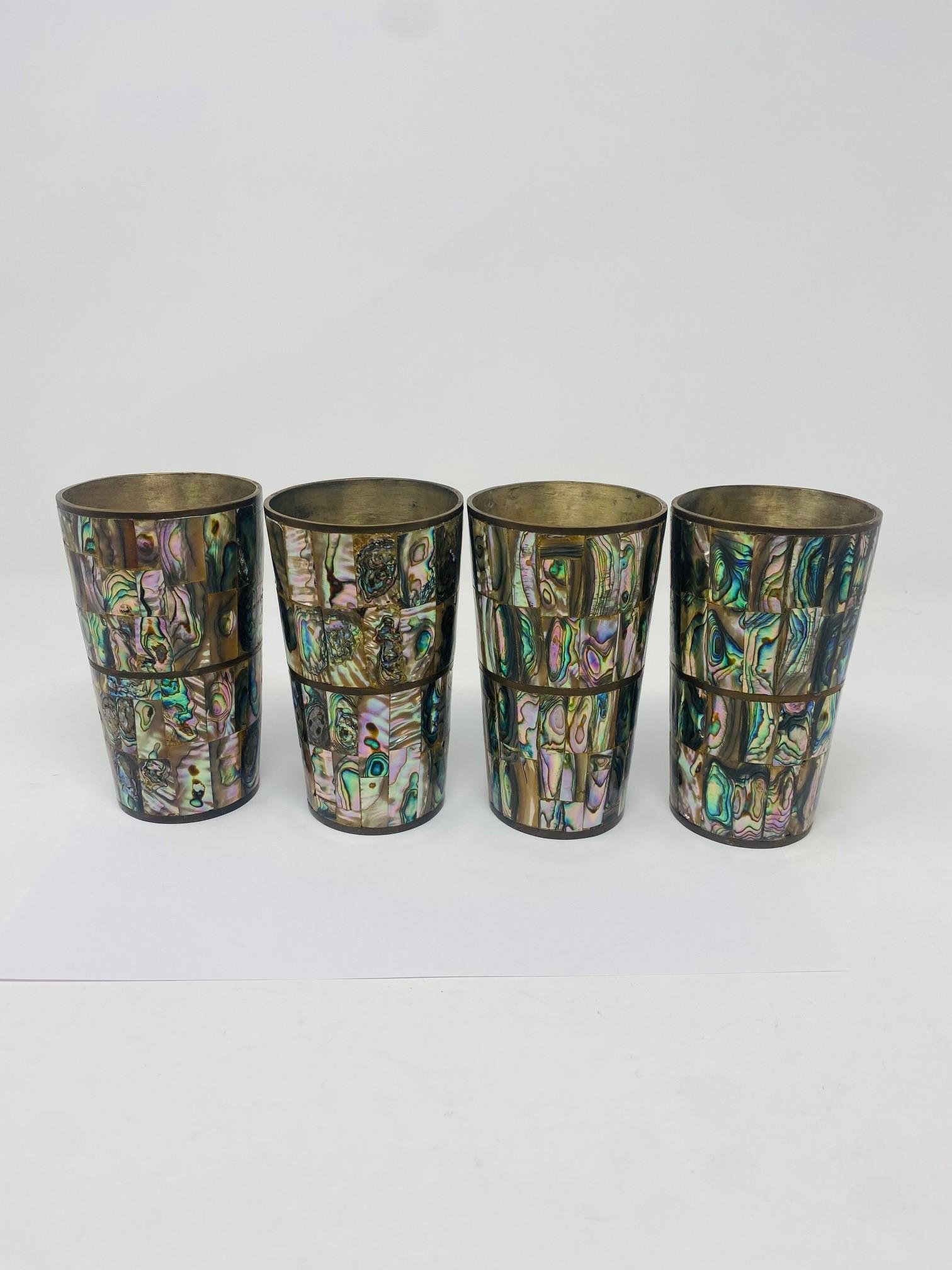 Hand-Crafted Vintage Los Castillo Abalone Shell Silver Plated Pitcher and Cups from Mexico For Sale