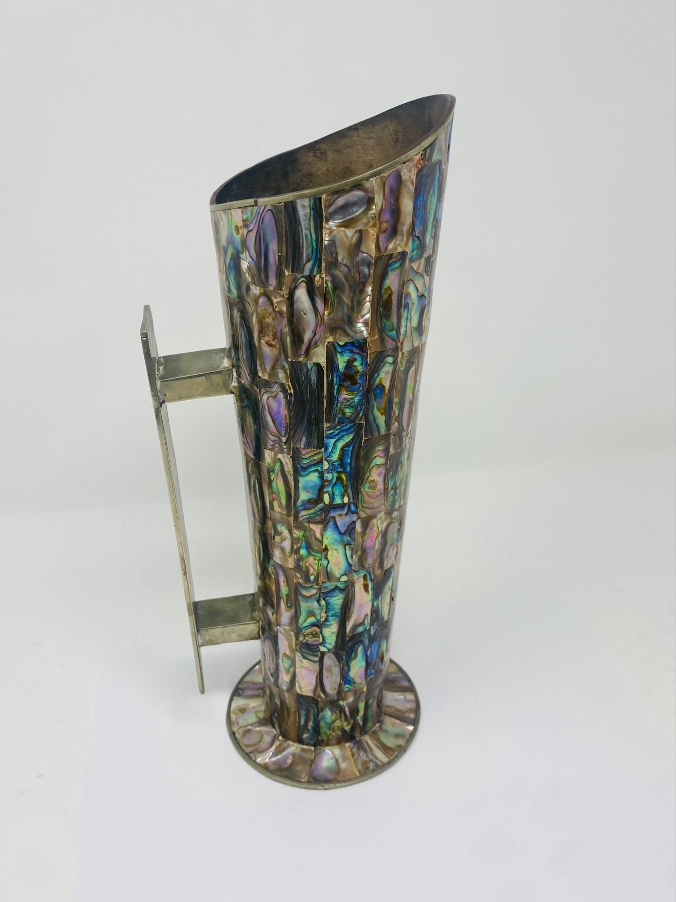 Mid-20th Century Vintage Los Castillo Abalone Shell Silver Plated Pitcher and Cups from Mexico For Sale