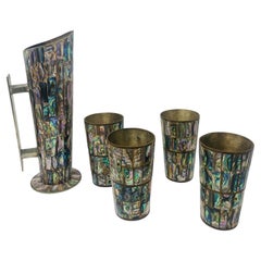 Retro Los Castillo Abalone Shell Silver Plated Pitcher and Cups from Mexico