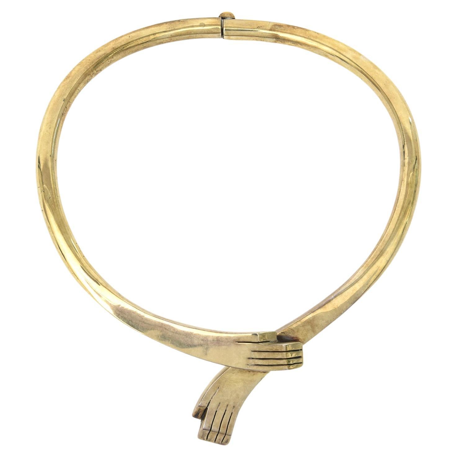 Vintage Los Castillo Marked Brass Interlocking Hands Collar Sculptural Necklace For Sale