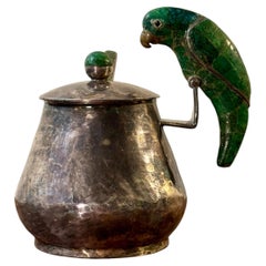 Piatto da zucchero a forma di pappagallo d'argento vintage di Los Castillo, con pietra di malachite