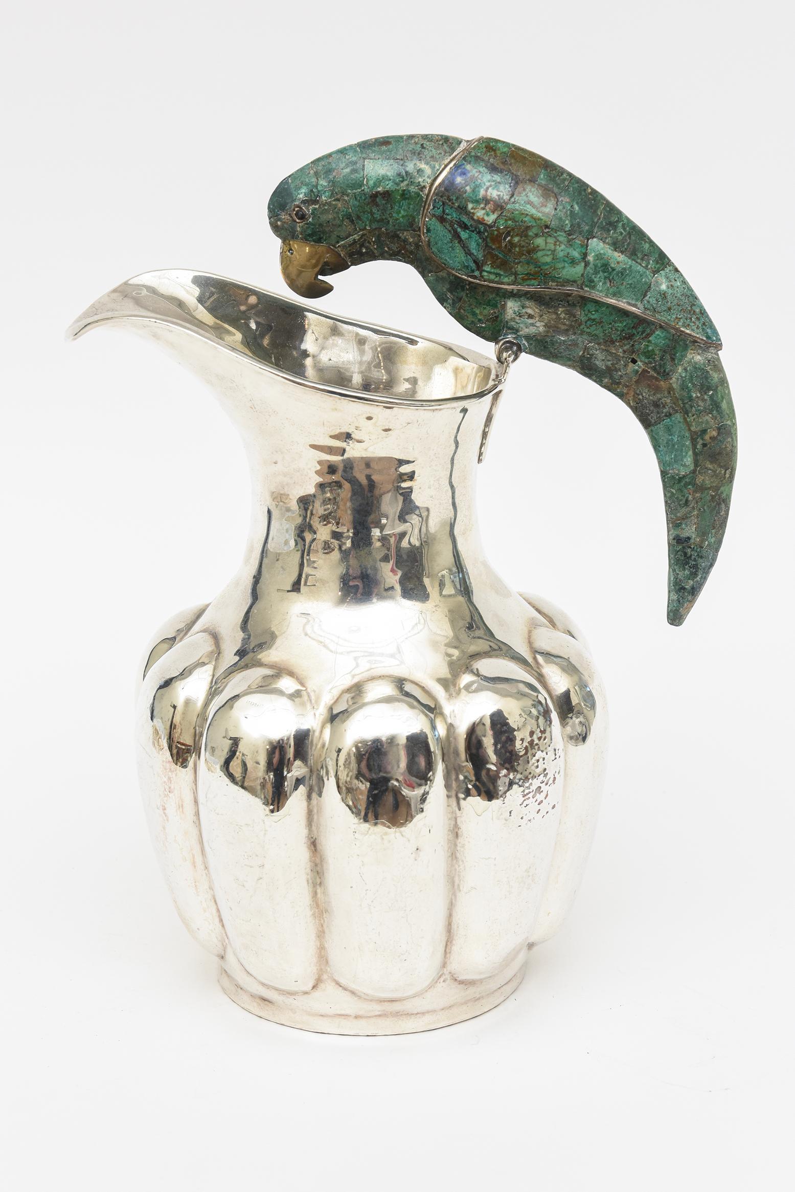 Vintage Los Castillo Silver-Plate Pitcher with Crushed Turquoise Stone Parrot  For Sale 5